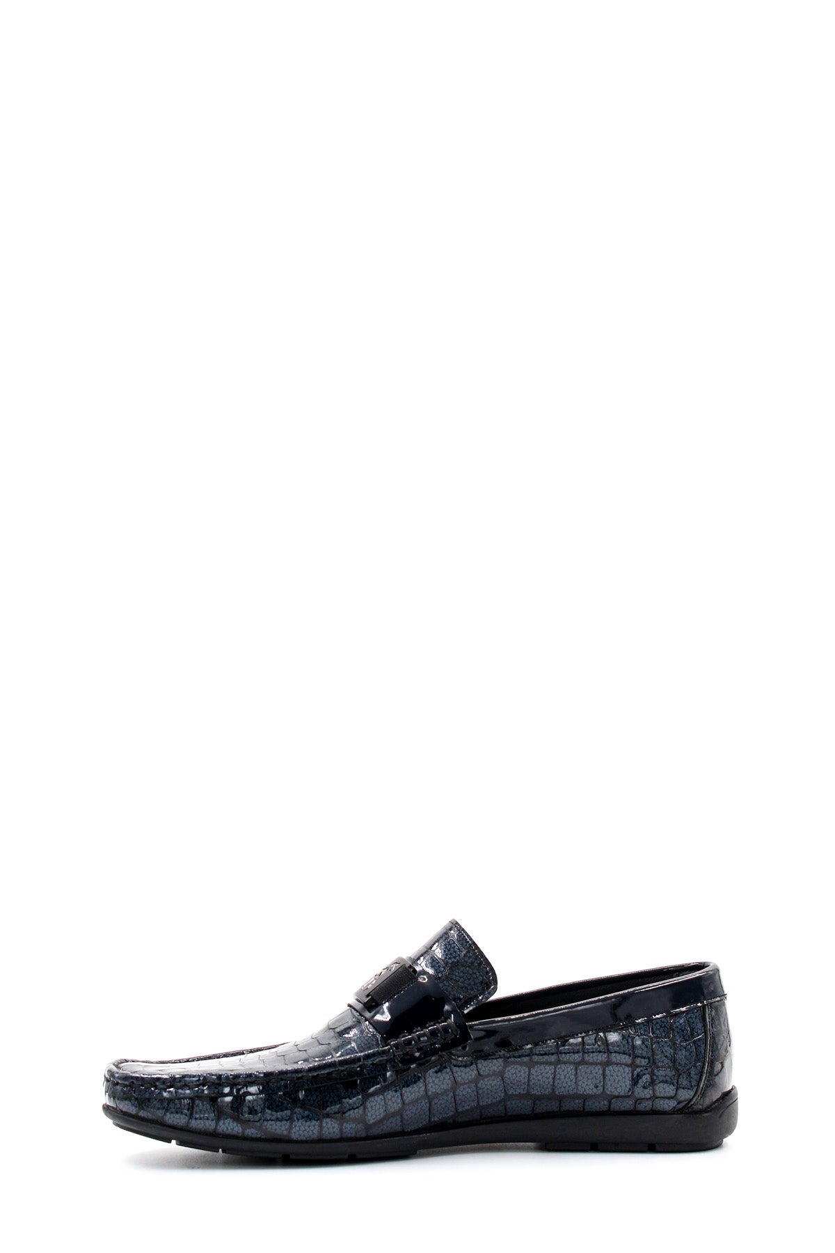 KOALA SYDNEY Men's Black Crocodile-Embossed Patent Leather Loafers with Buckle Detail