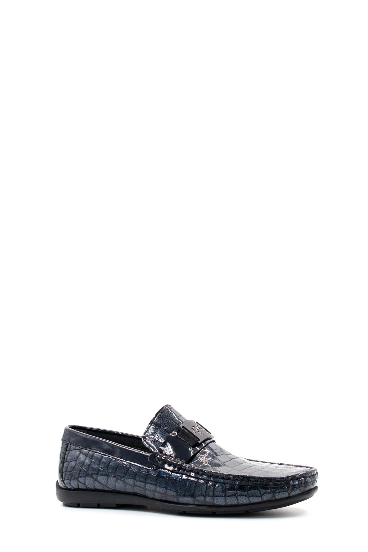 KOALA SYDNEY Men's Black Crocodile-Embossed Patent Leather Loafers with Buckle Detail