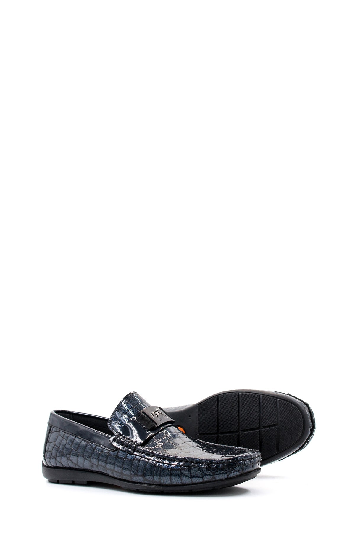 KOALA SYDNEY Men's Black Crocodile-Embossed Patent Leather Loafers with Buckle Detail