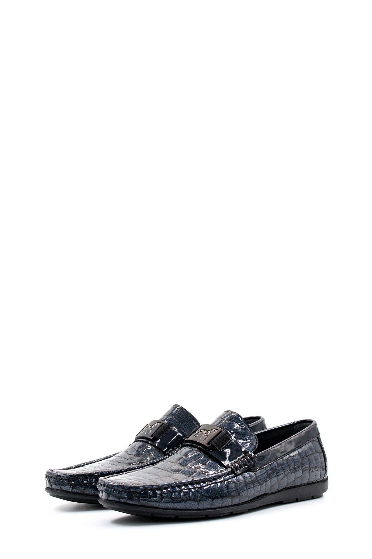 KOALA SYDNEY Men's Black Crocodile-Embossed Patent Leather Loafers with Buckle Detail