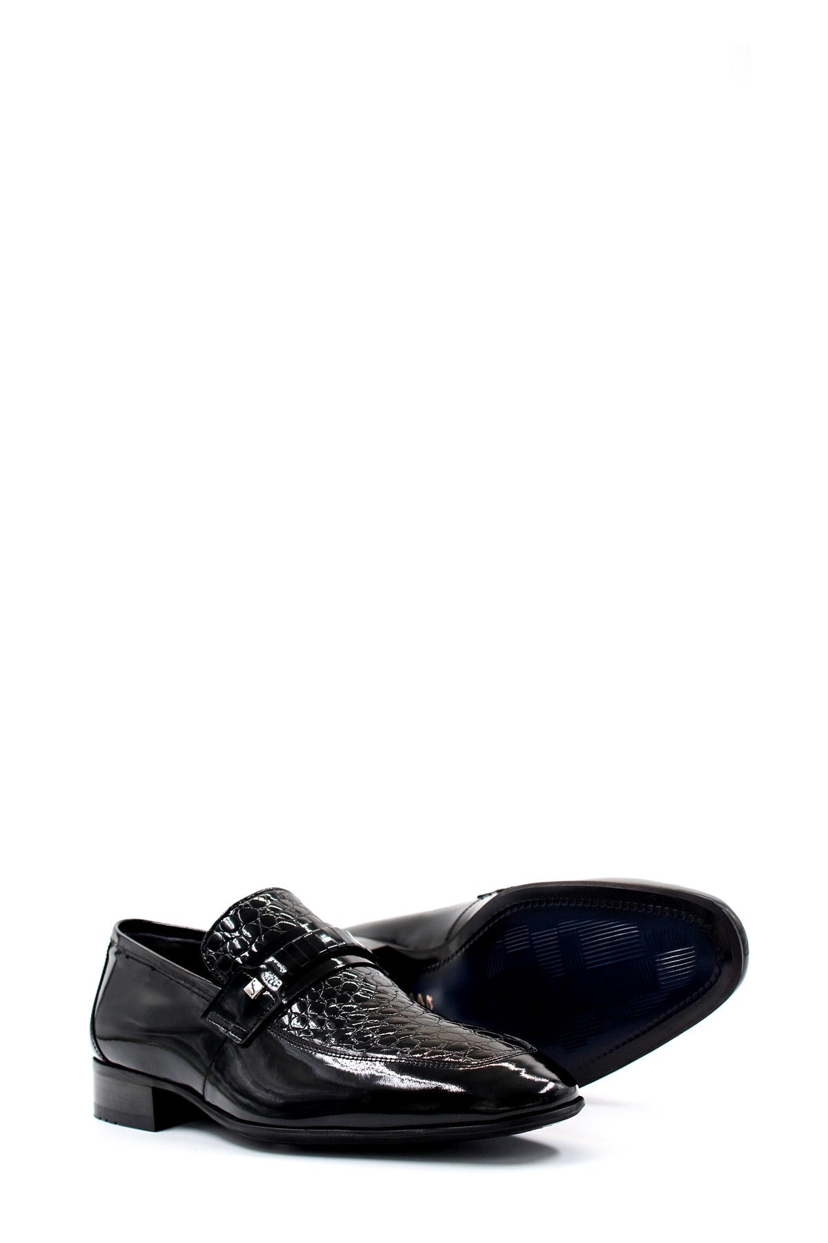 Men's Black Patent Leather Loafers with Croc-Embossed Detail