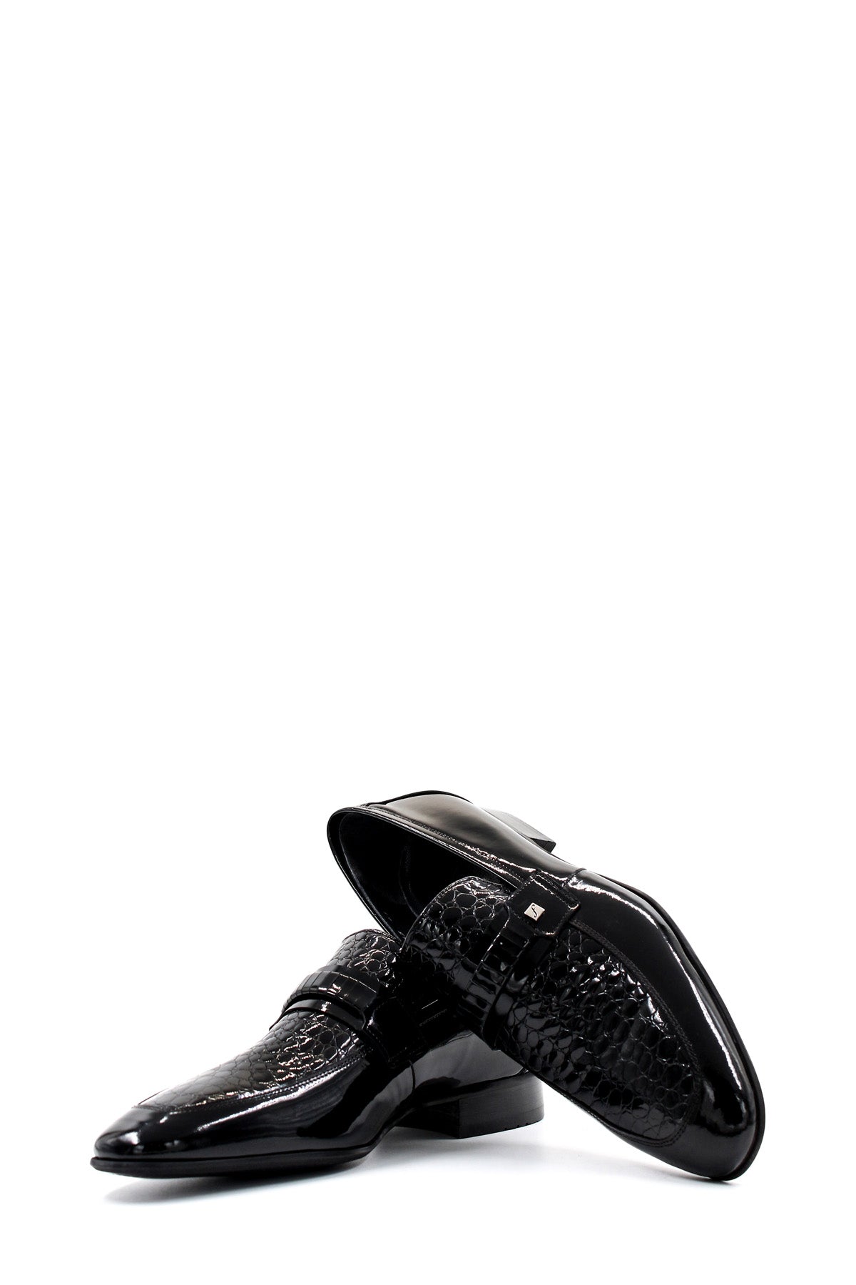 Men's Black Patent Leather Loafers with Croc-Embossed Detail