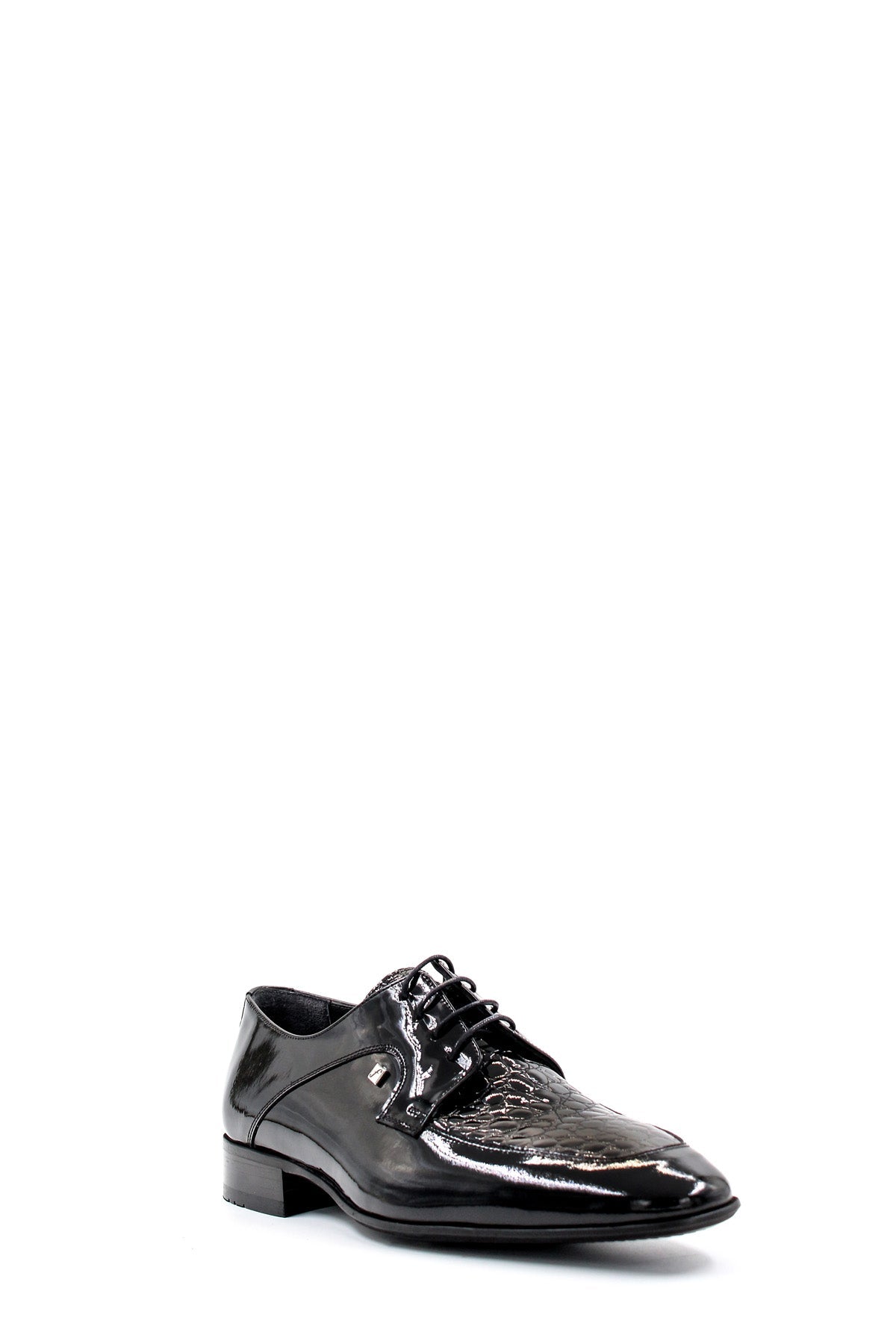 KOALA SYDNEY Men's Black Patent Leather Derby Shoes with Croc-Embossed Detailing