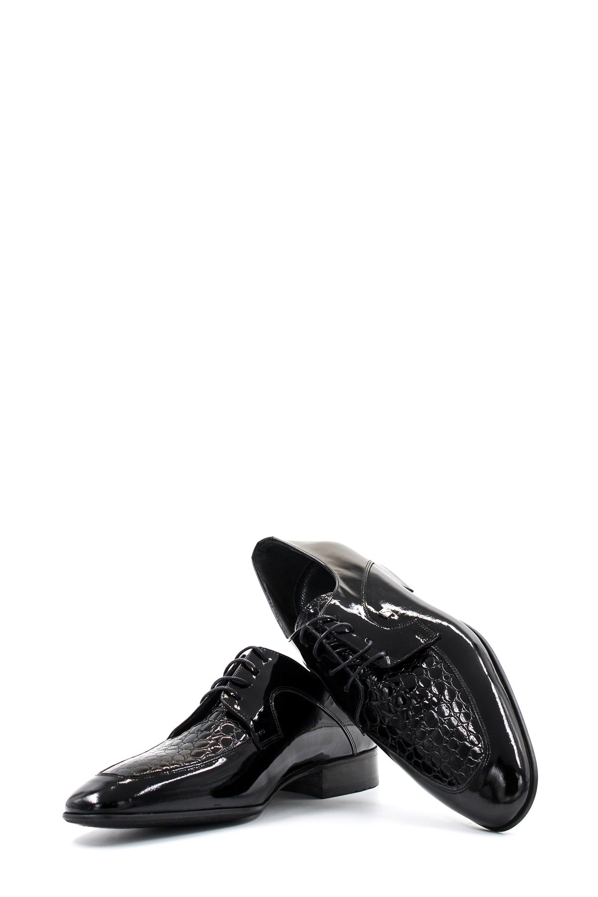KOALA SYDNEY Men's Black Patent Leather Derby Shoes with Croc-Embossed Detailing