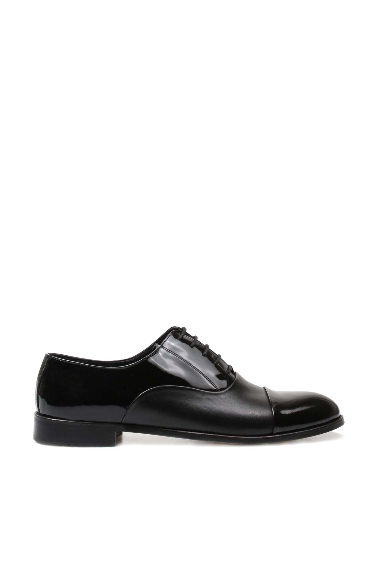 Men's Black Leather Oxford Shoes with Cap Toe and Glossy Finish