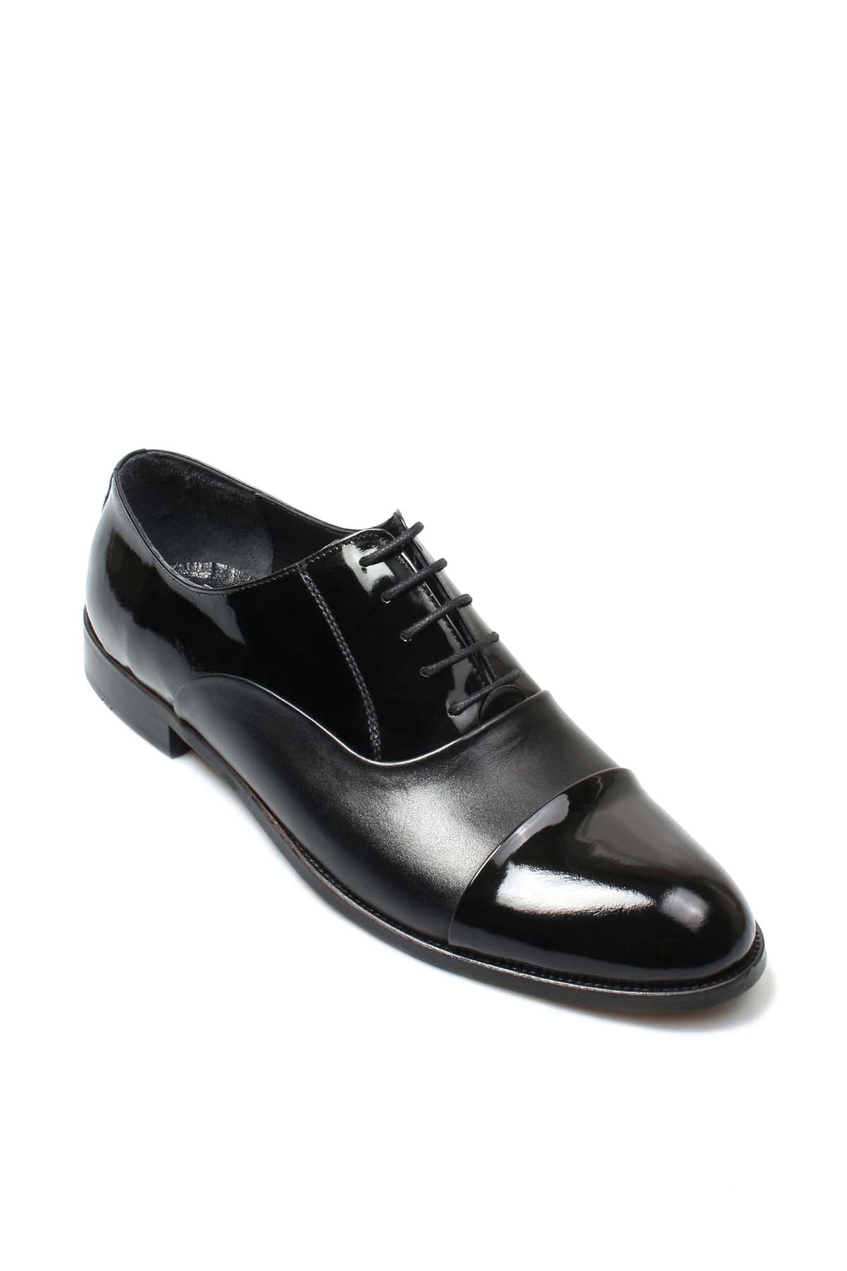 Men's Black Leather Oxford Shoes with Cap Toe and Glossy Finish