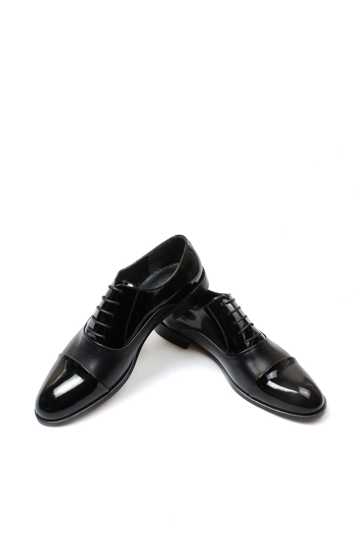 Men's Black Leather Oxford Shoes with Cap Toe and Glossy Finish - Wessi