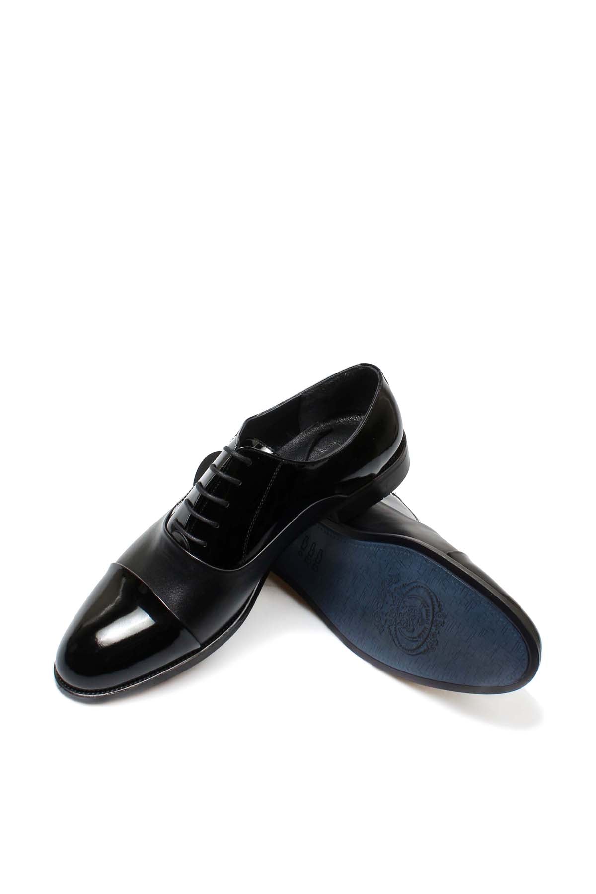 Men's Black Leather Oxford Shoes with Cap Toe and Glossy Finish