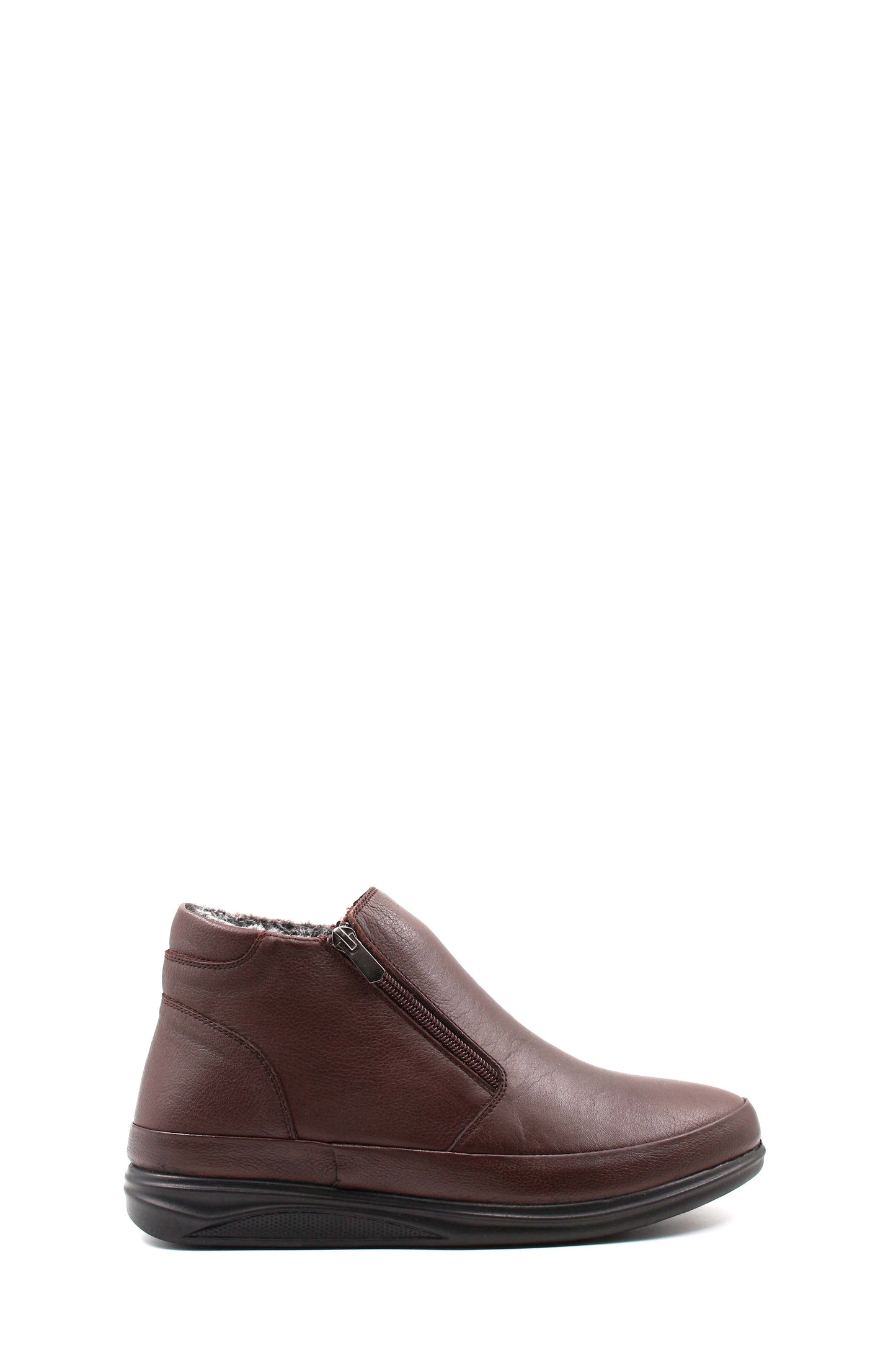 Men's Brown Leather Boots with Side Zipper and Fur Lining