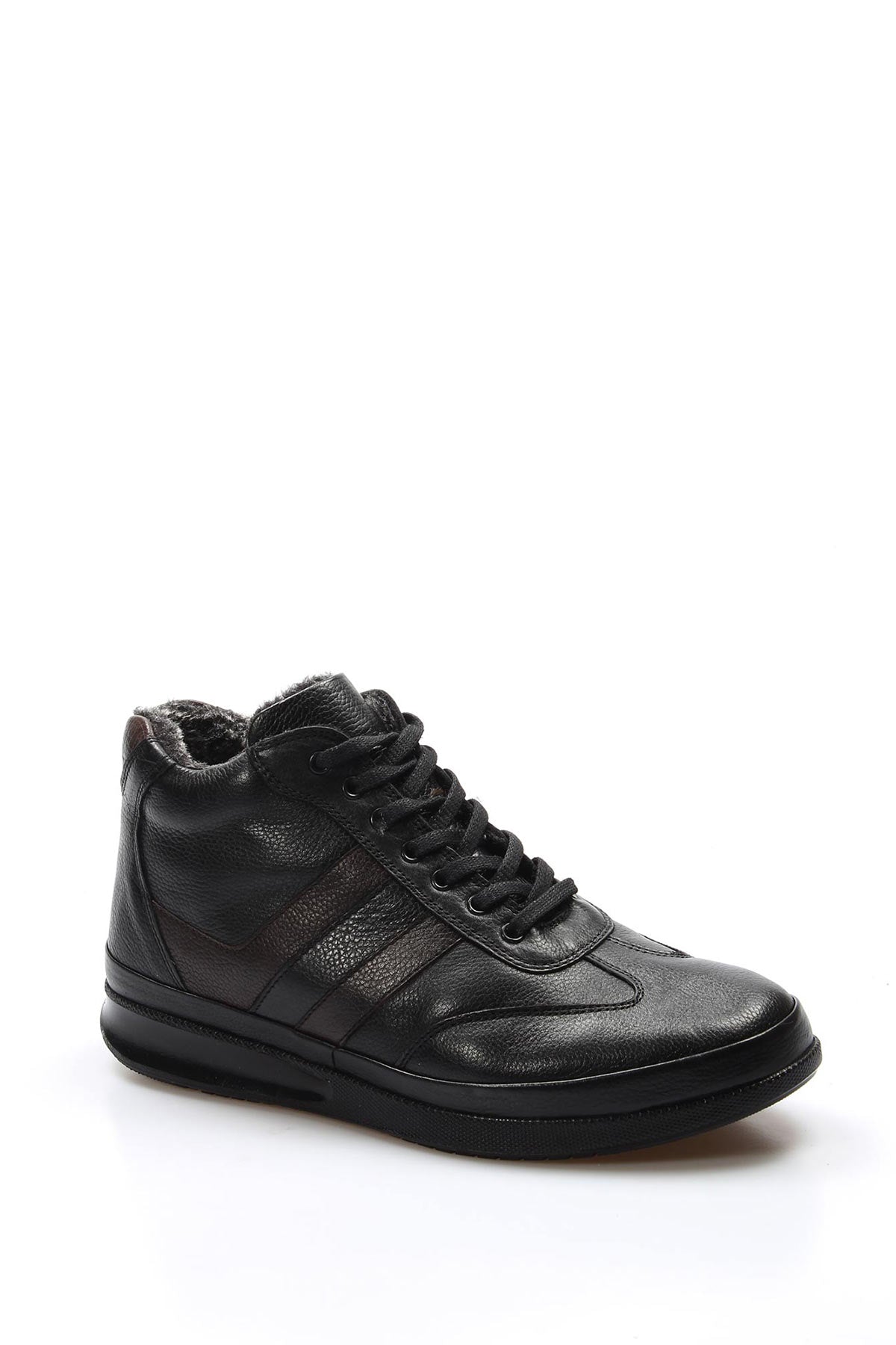 Men's Black High-Top Leather Sneakers with Vegan Furry Lining