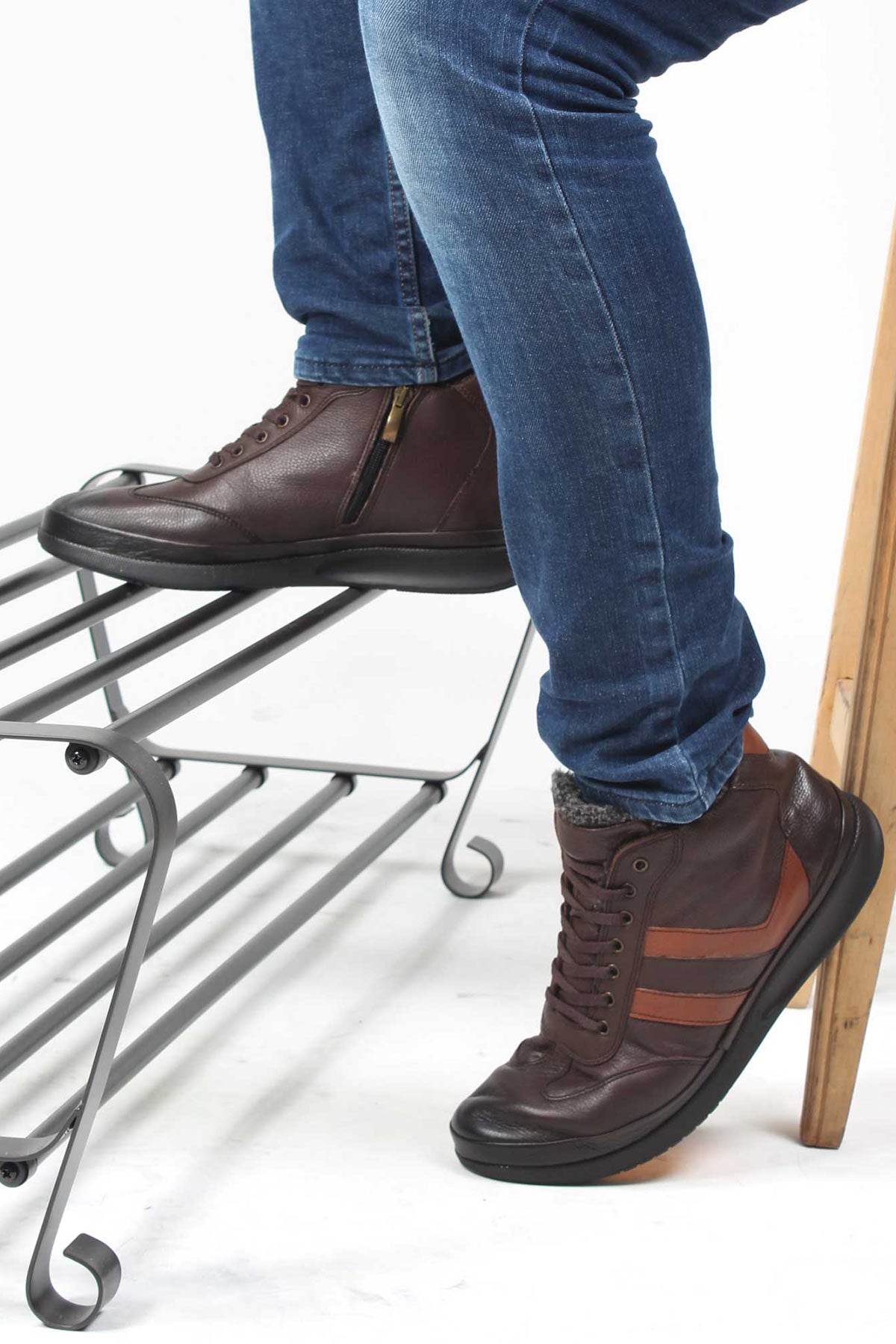 KOALA SYDNEY Men's Brown Leather High-Top Sneakers with Fur Lining and Brown Accents