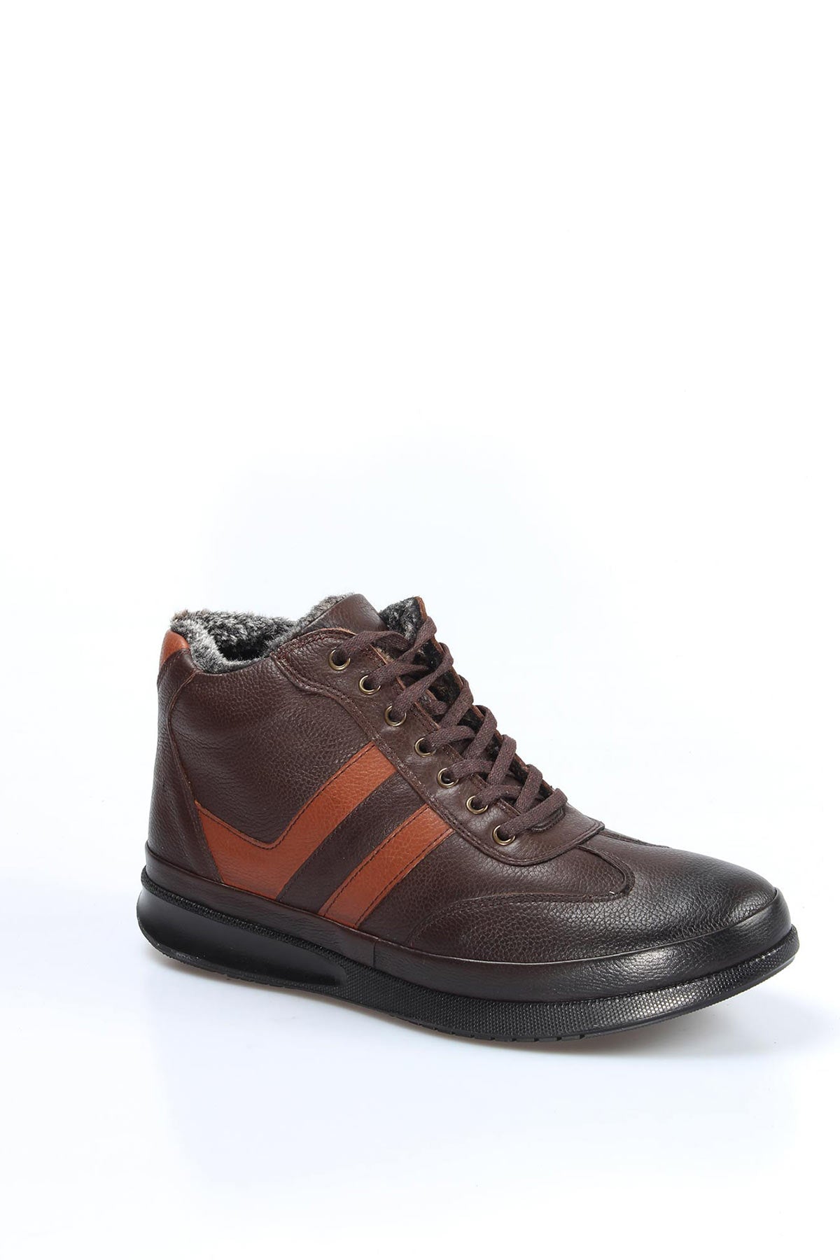 KOALA SYDNEY Men's Brown Leather High-Top Sneakers with Fur Lining and Brown Accents