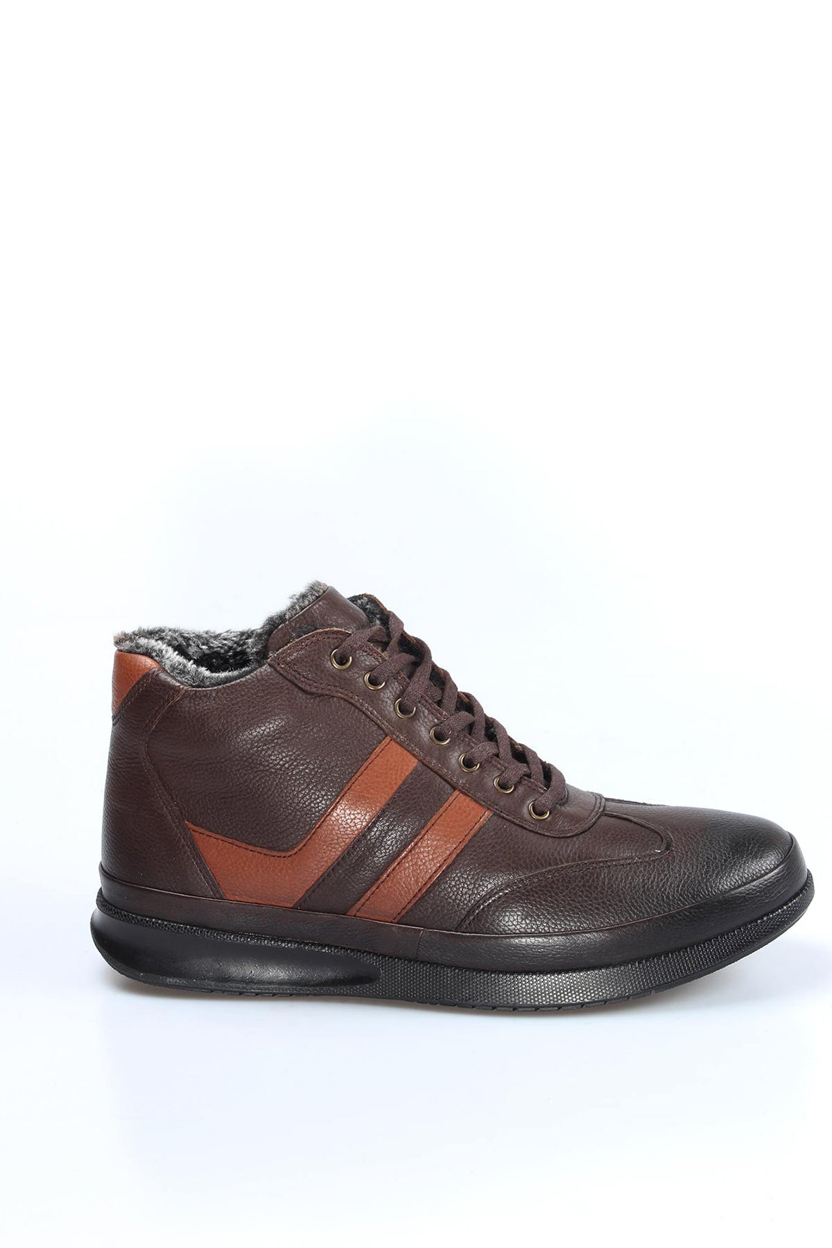 KOALA SYDNEY Men's Brown Leather High-Top Sneakers with Fur Lining and Brown Accents