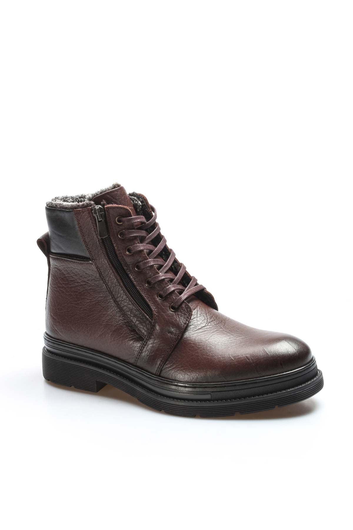 KOALA SYDNEY Men's Dark Brown Leather Lace-Up Boots with Side Zipper, Inside Vegan Furry