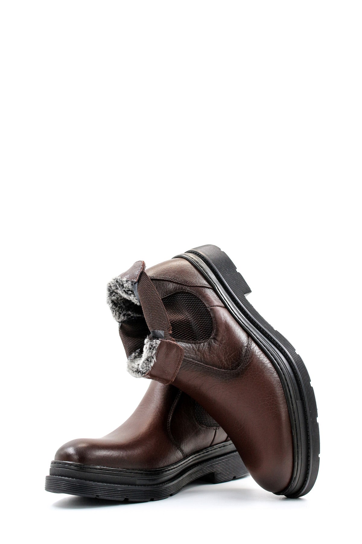 Men's Brown Leather Chelsea Boots Elastic Side Panels with Fur Lining
