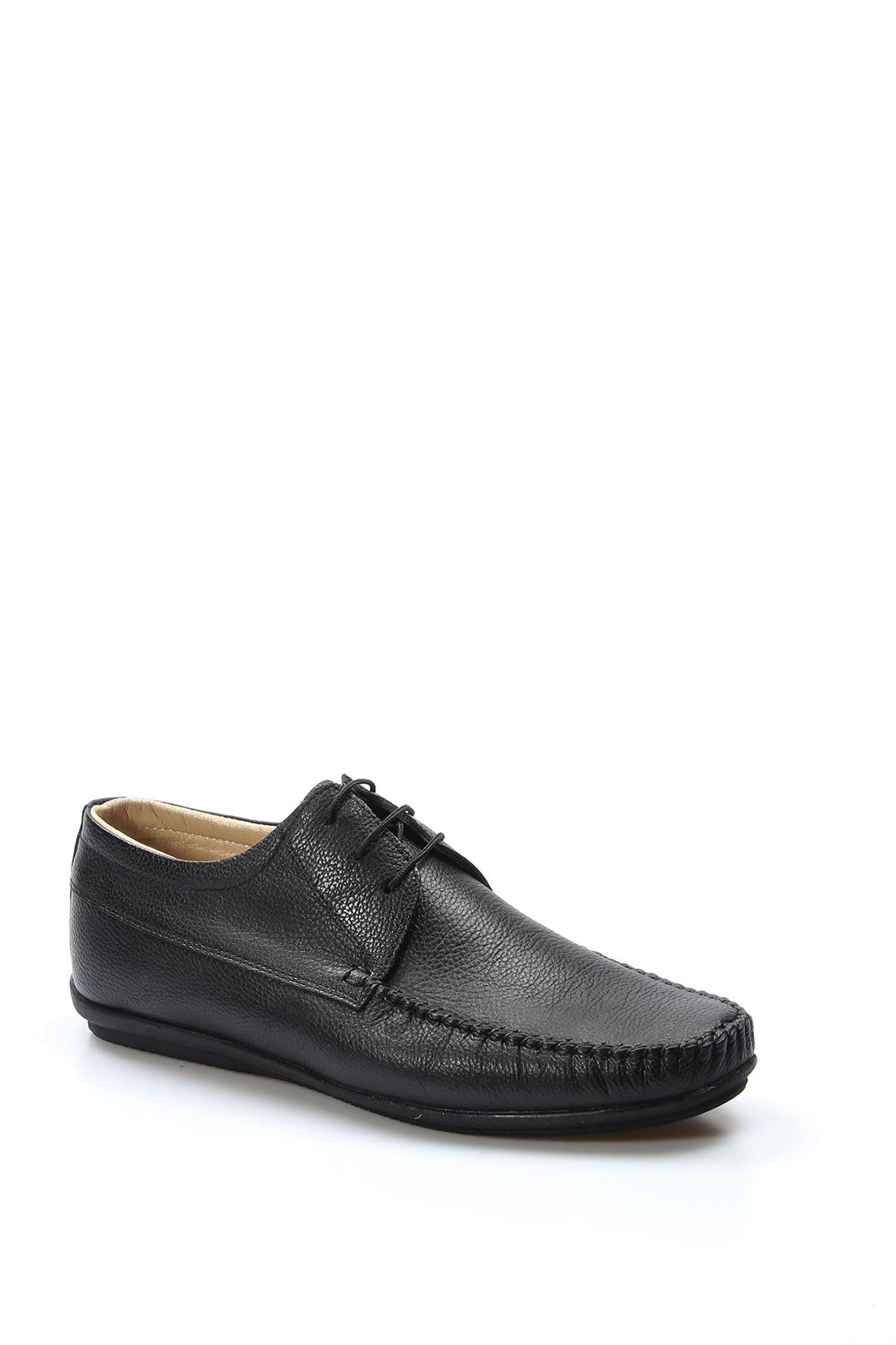 Men's Black Moccasin Leather Shoes with Lace Detailing