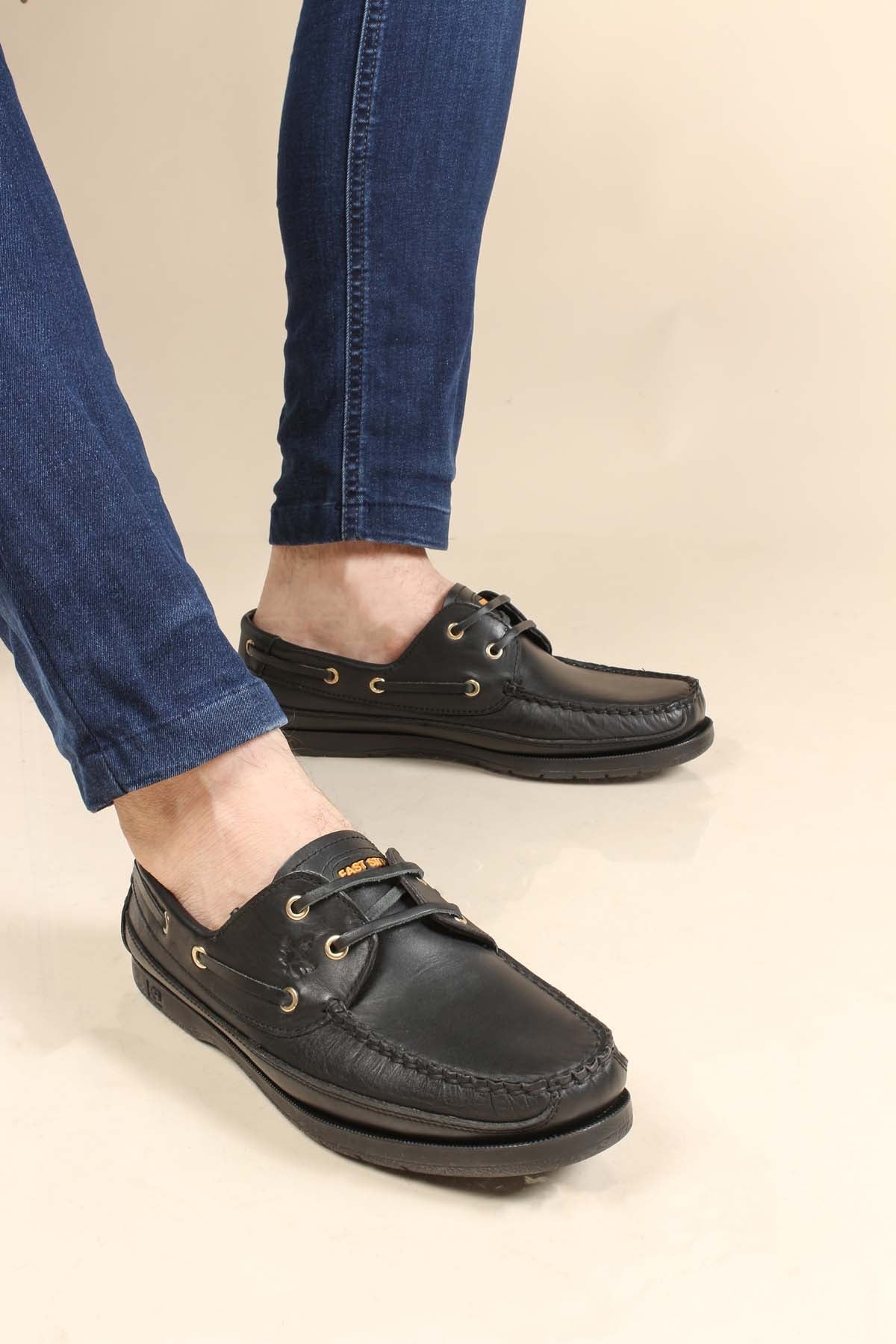 Men's Black Leather Moccasins with Gold Eyelets