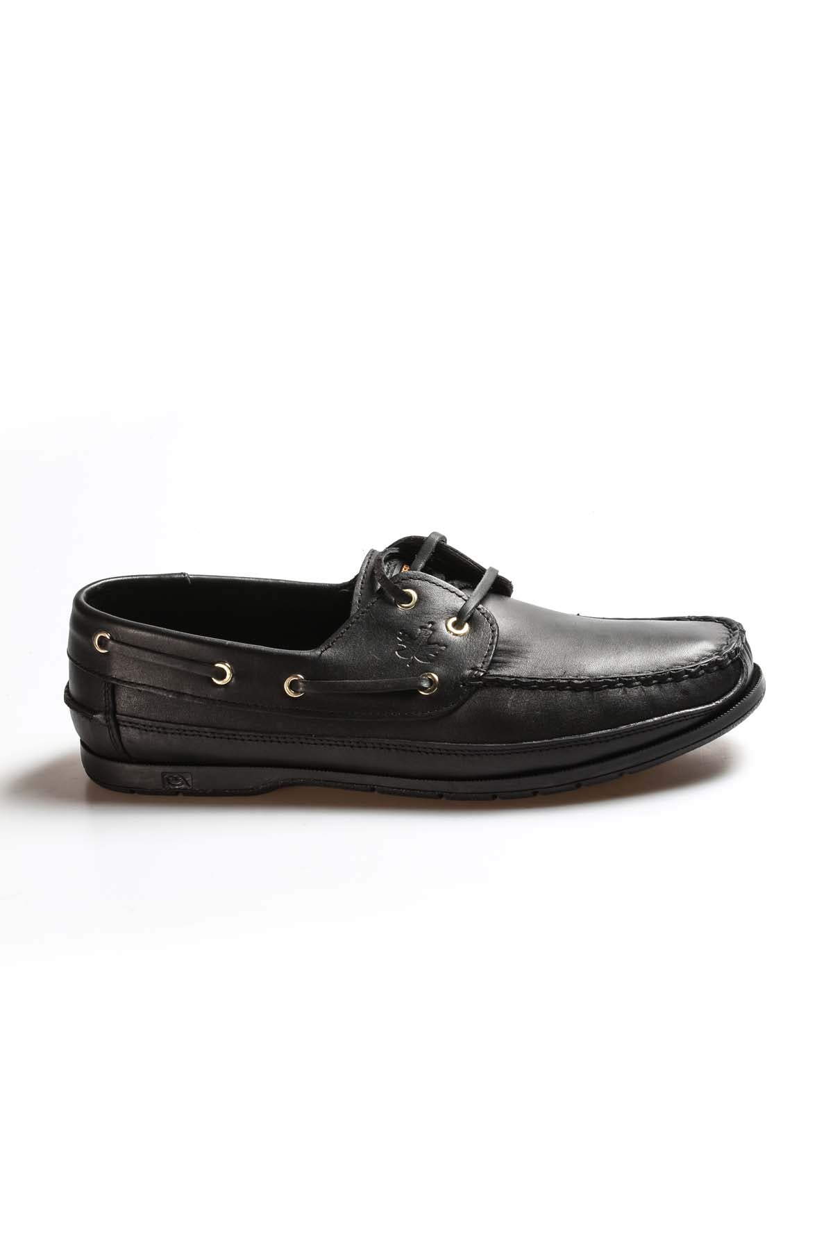 KOALA SYDNEY Men's Black Leather Boat Shoes with Lace-Up Detail