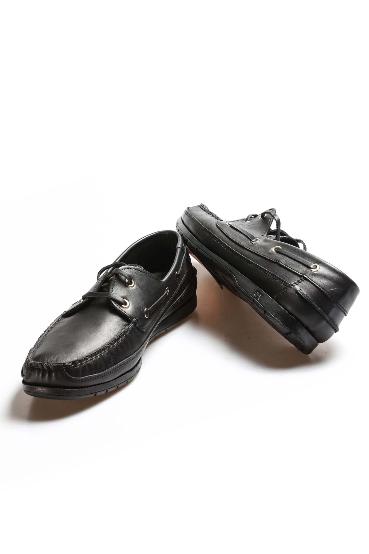 KOALA SYDNEY Men's Black Leather Boat Shoes with Lace-Up Detail