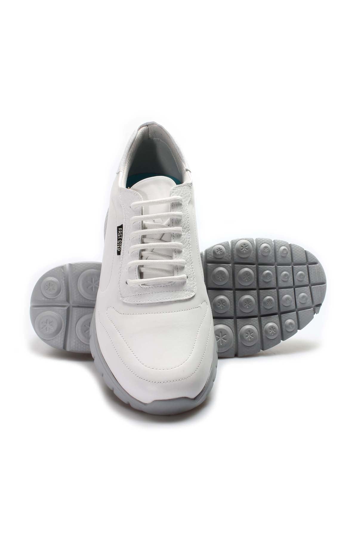 Men's White Leather Lace-Up Sneakers with Grey Sole - Wessi
