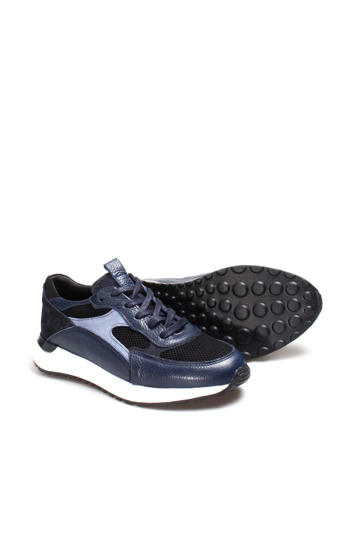 KOALA SYDNEY Men's Navy Blue Mesh and Leather Lace-Up Sneakers with White Sole