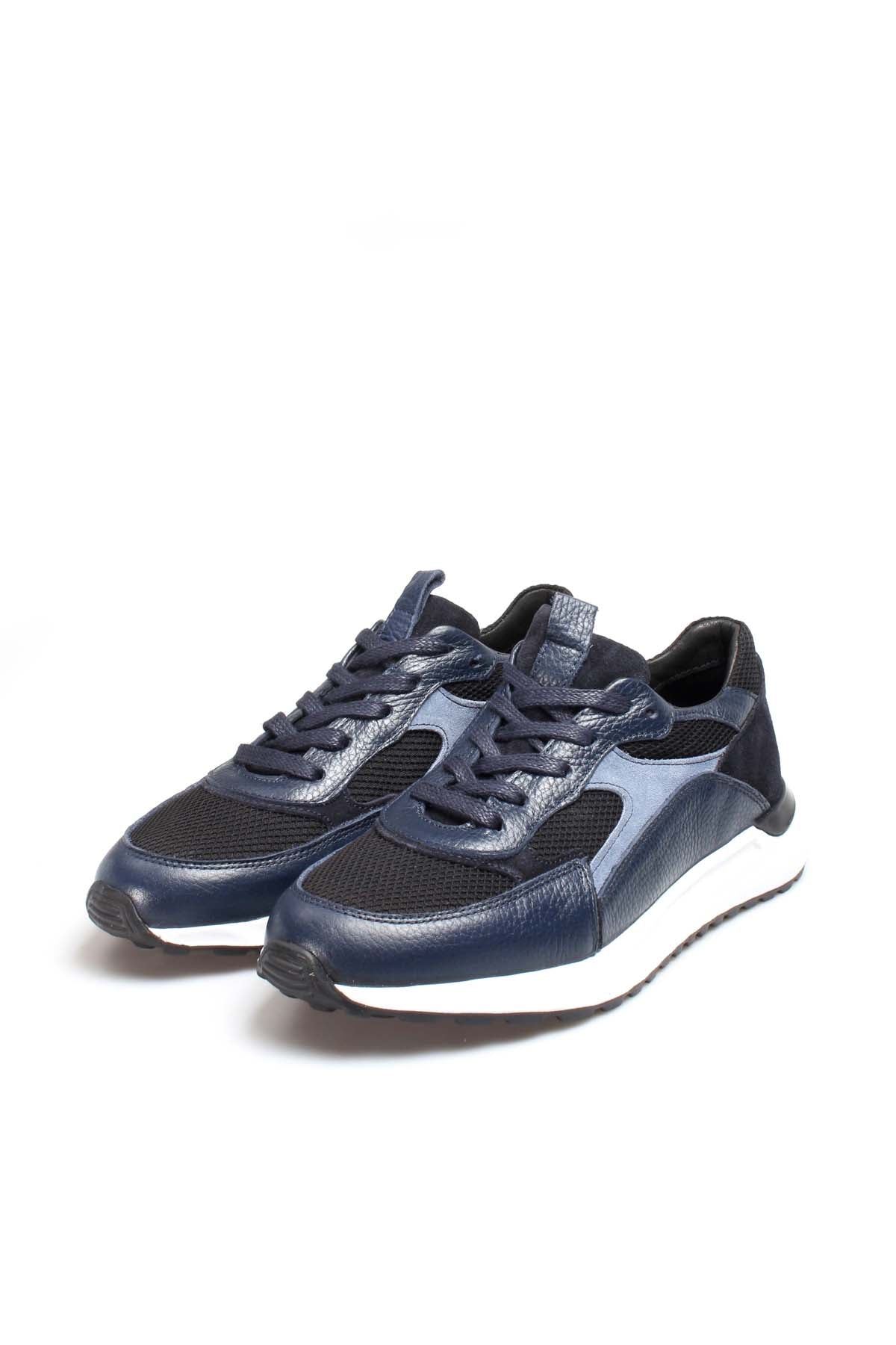KOALA SYDNEY Men's Navy Blue Mesh and Leather Lace-Up Sneakers with White Sole