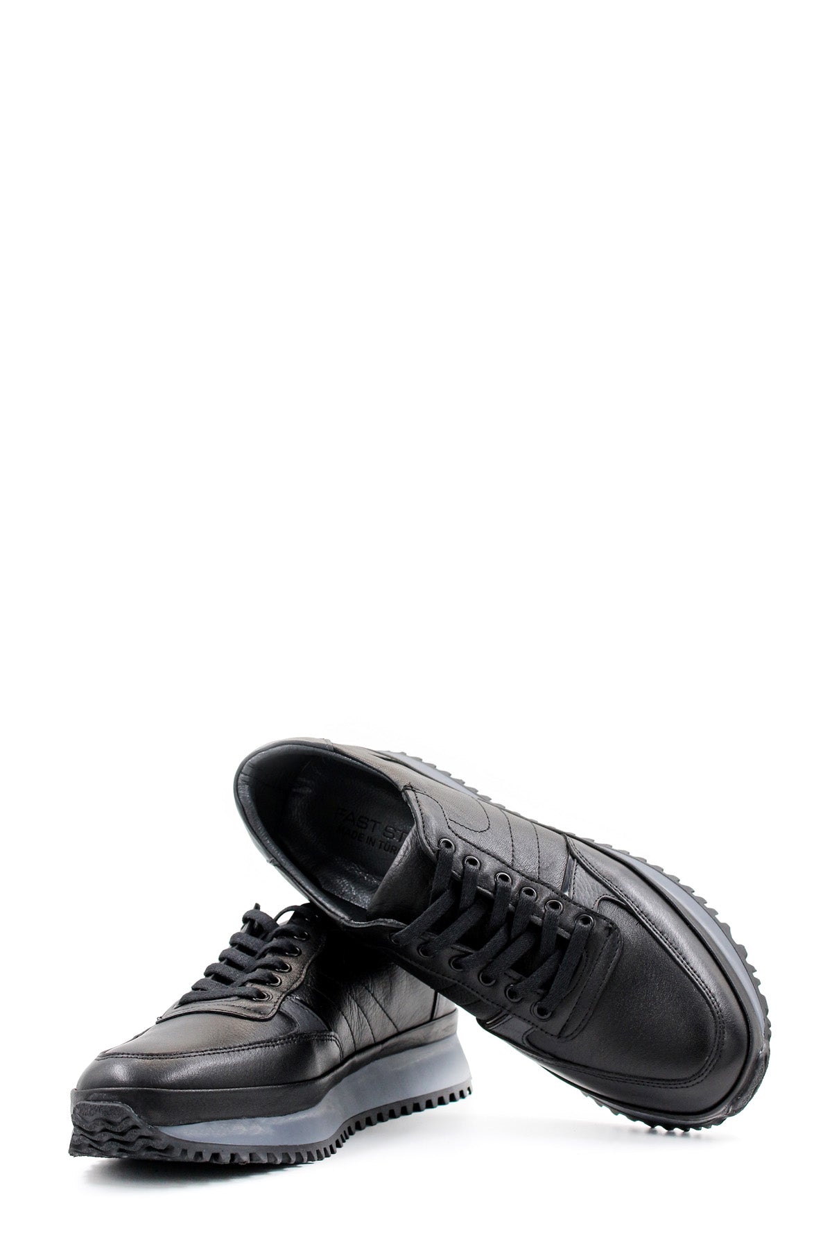 Men's Black Leather Lace-Up Sneakers with Contrasting Sole - Wessi