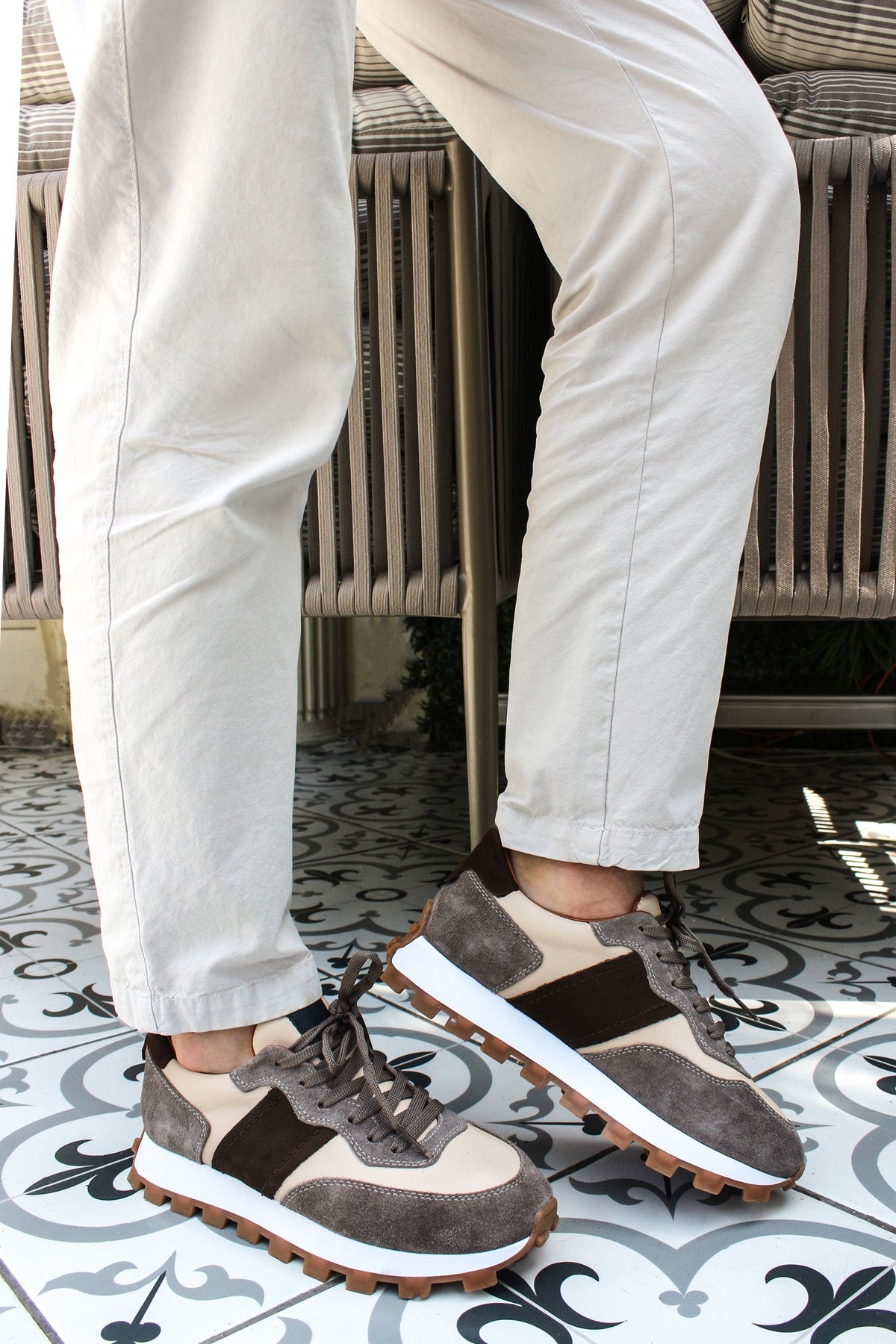 KOALA SYDNEY Men's Beige and Grey Suede Casual Sneakers with Brown Accents