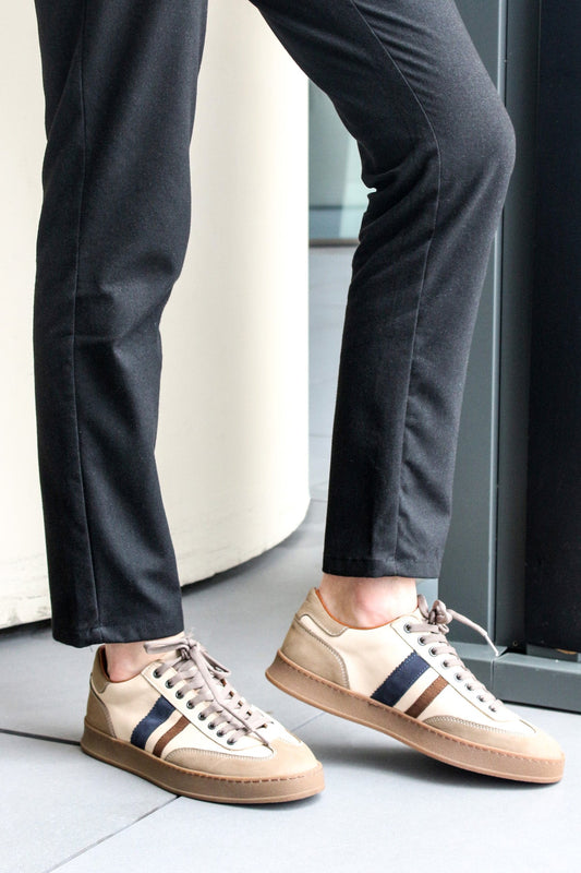 Men's Beige Leather Sneakers with Brown and Navy Stripes