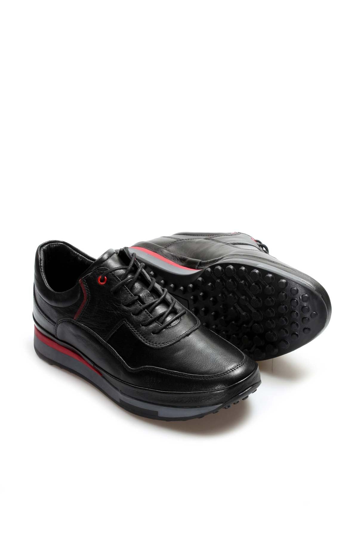 KOALA SYDNEY Men's Black Leather Sneakers with Red Stripe Accent
