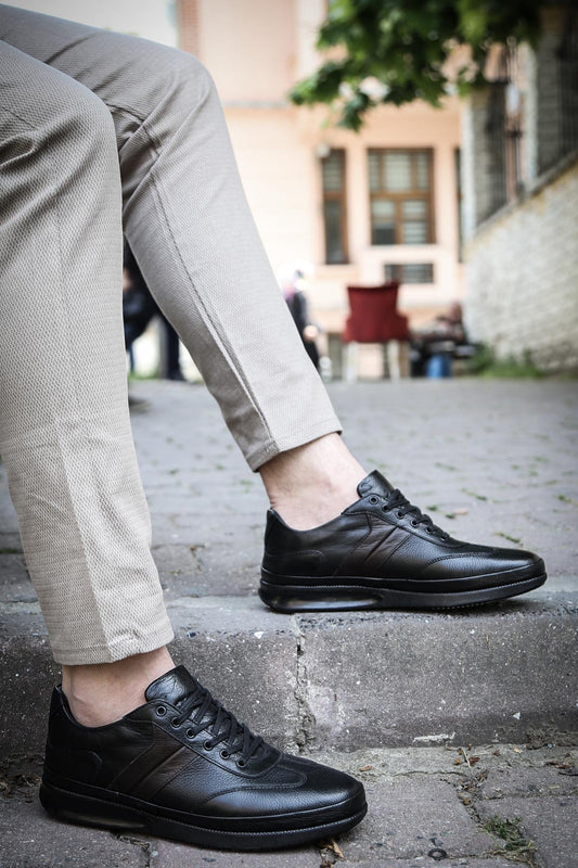 Men's Black Leather Sneakers with Padded Collar and Cushioned Sole