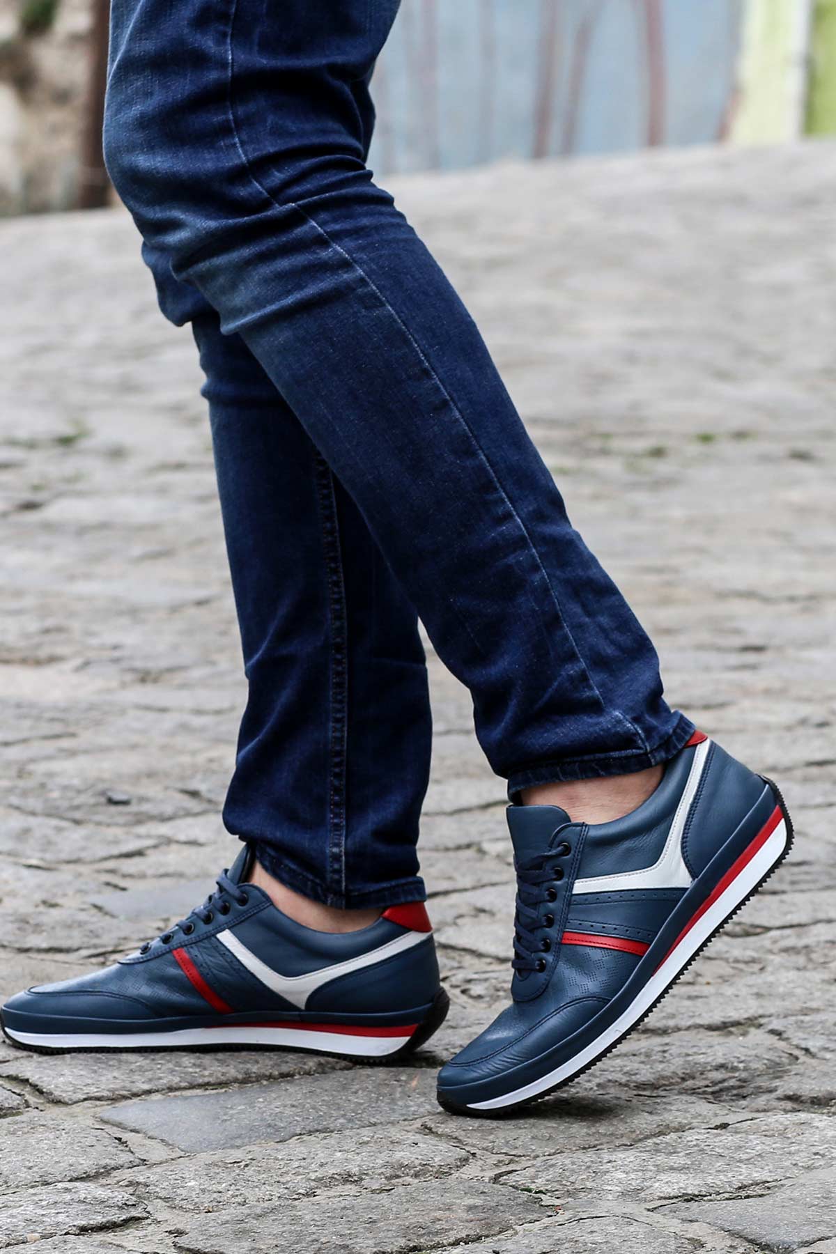 KOALA SYDNEY Men's Blue Leather Sneakers with Red and White Accents