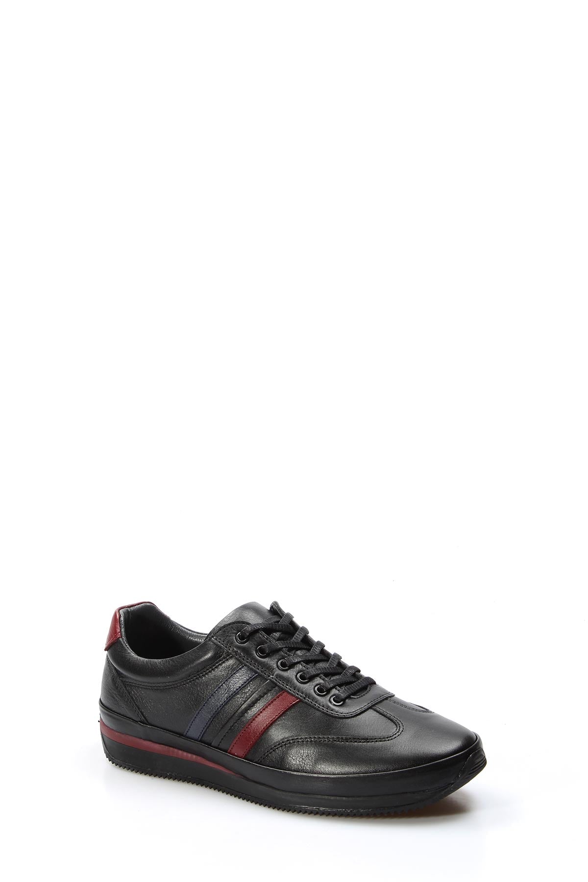 Men's Black Leather Sneakers with Red and Navy Stripes