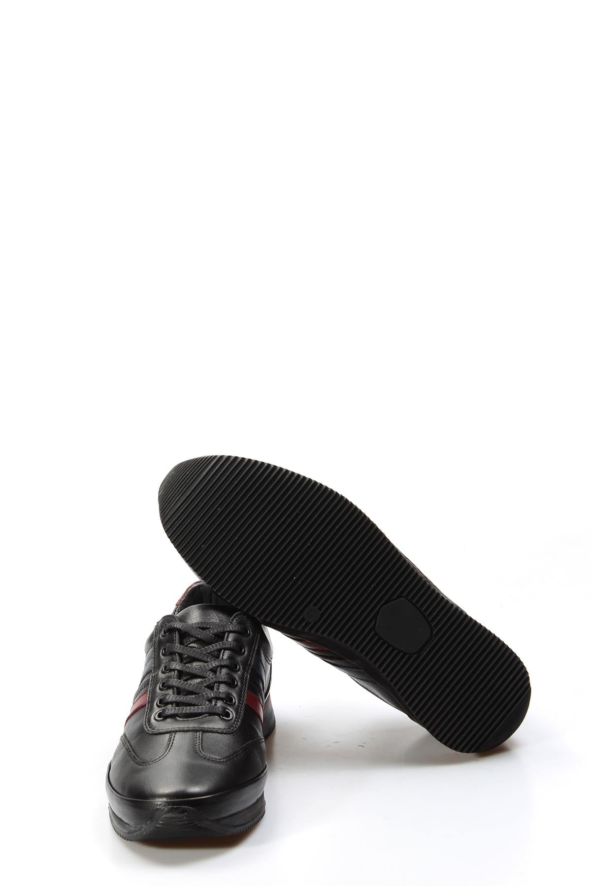 Men's Black Leather Sneakers with Red and Navy Stripes