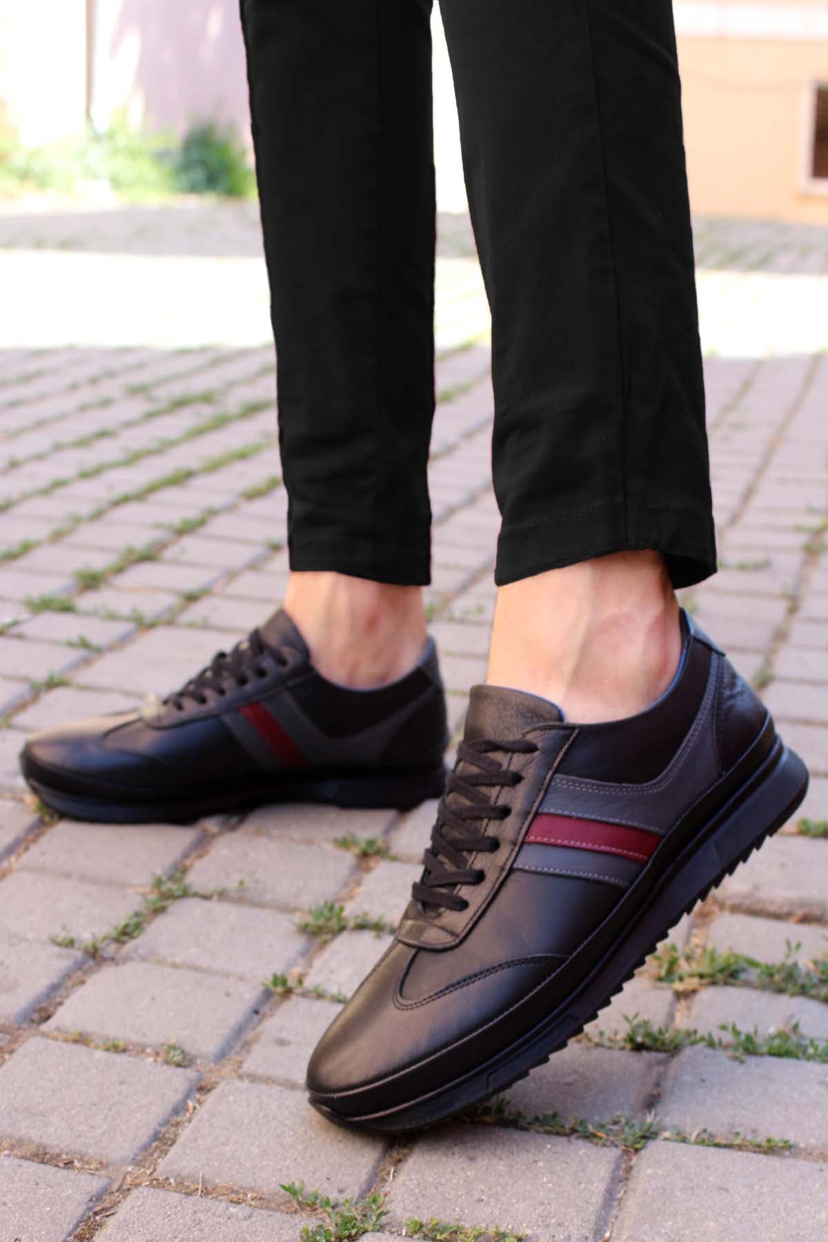 KOALA SYDNEY Men's Dark Brown Leather Sneakers with Burgundy Stripe