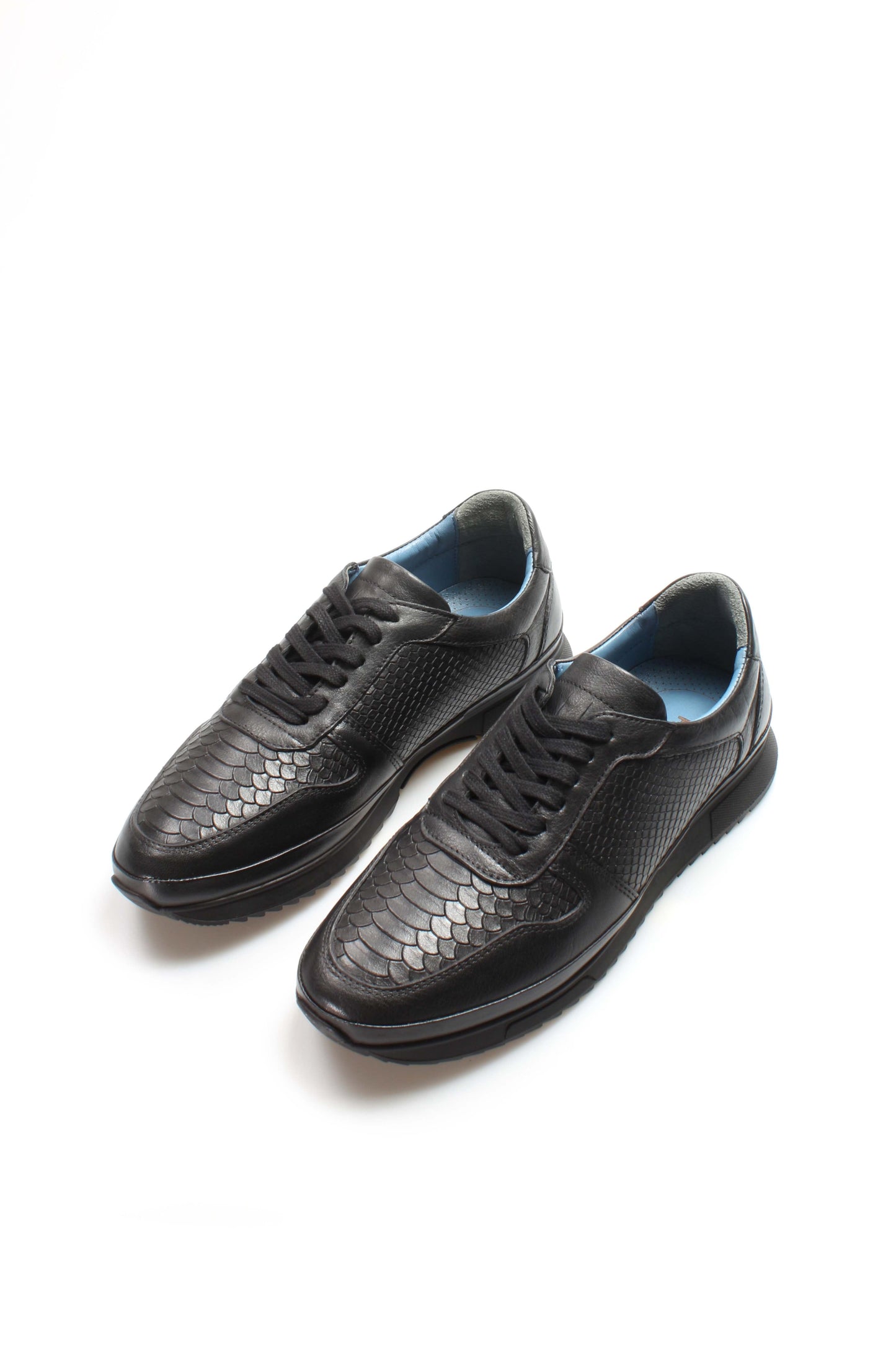 Men's Black Leather Textured Sneakers-Wessi