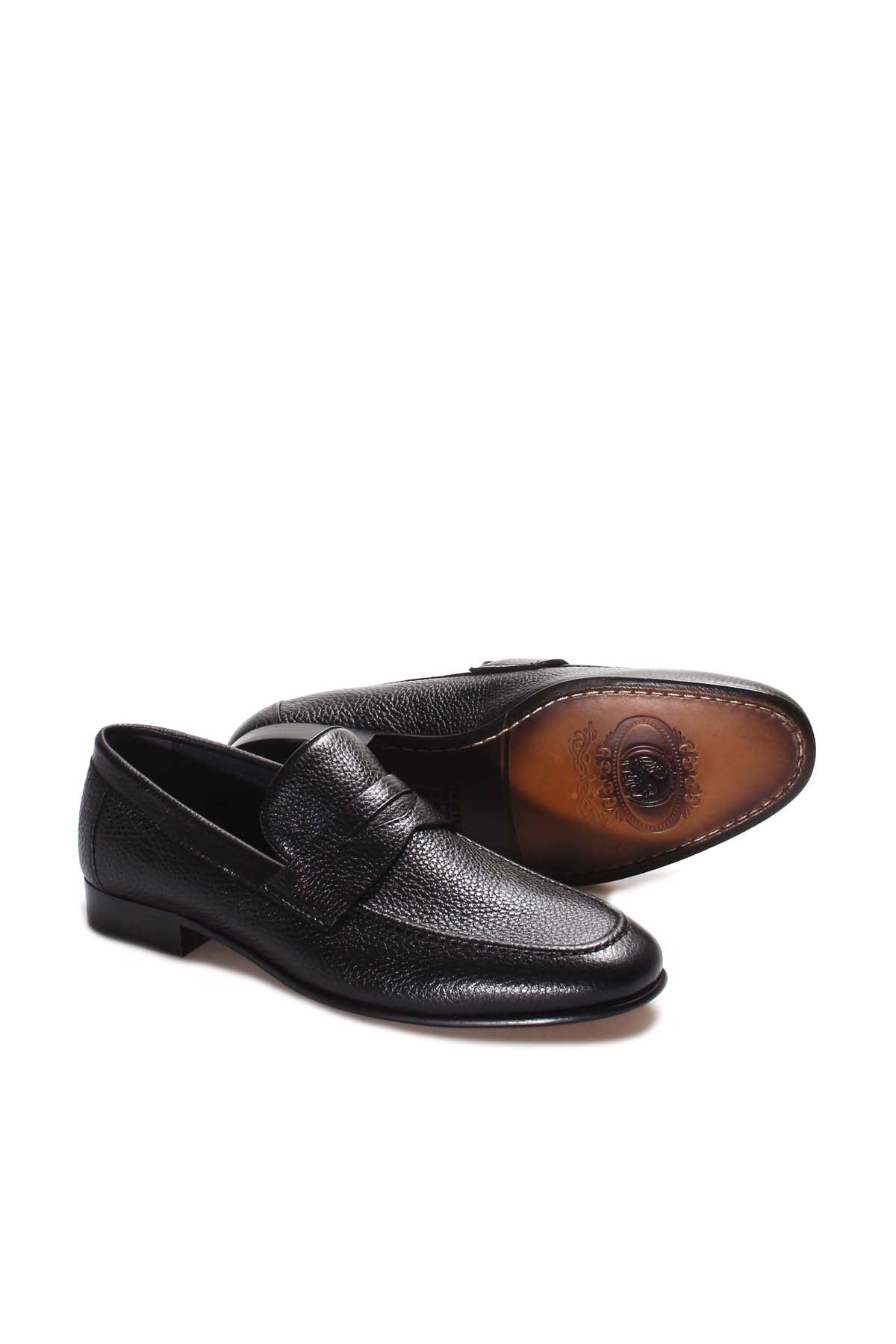 Men's Black Textured Leather Penny Loafers with Moc Toe