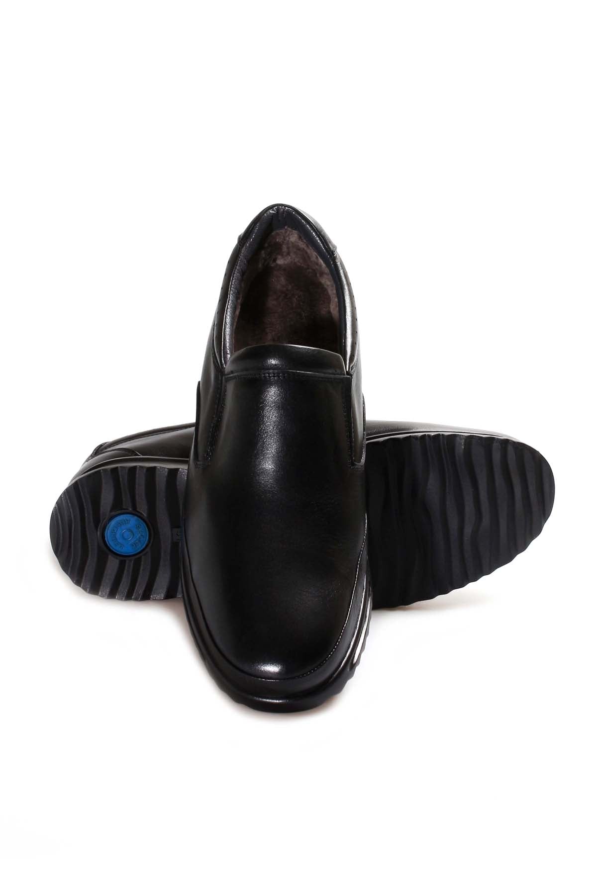 KOALA SYDNEY Men's Black Leather Slip-On Loafers with Textured Sole and Fur Lining