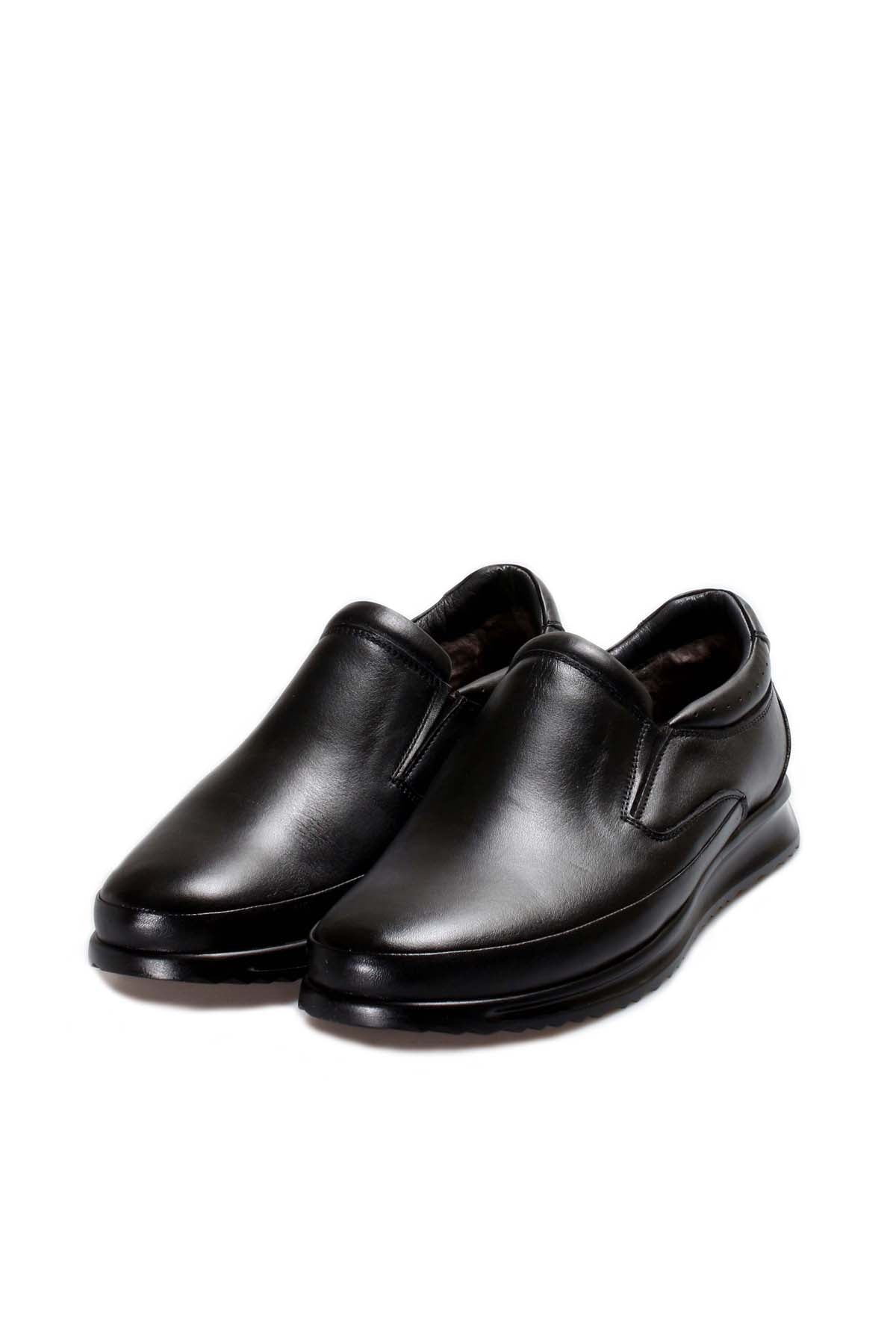 KOALA SYDNEY Men's Black Leather Slip-On Loafers with Textured Sole and Fur Lining