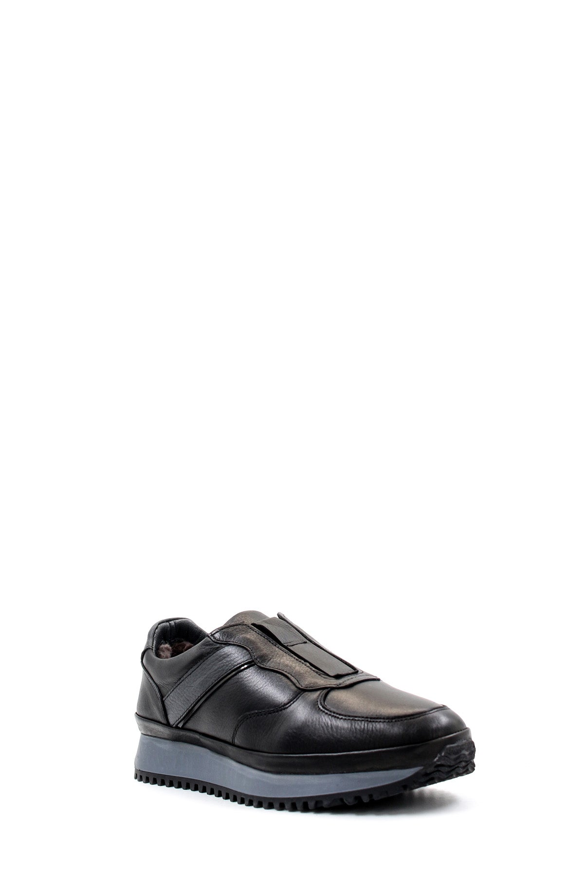 KOALA SYDNEY Men's Black Leather Slip-On Sneakers with Fur Lining and Grey Sole