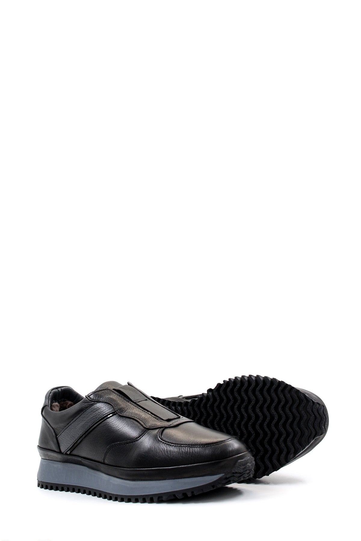 KOALA SYDNEY Men's Black Leather Slip-On Sneakers with Fur Lining and Grey Sole