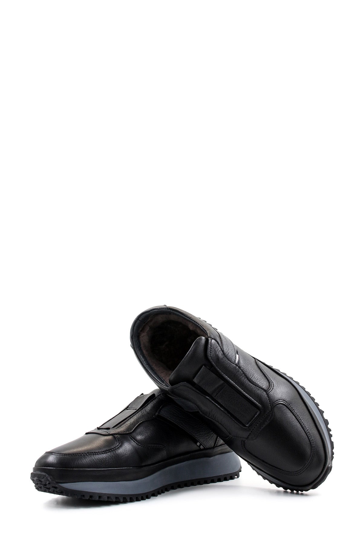 KOALA SYDNEY Men's Black Leather Slip-On Sneakers with Fur Lining and Grey Sole