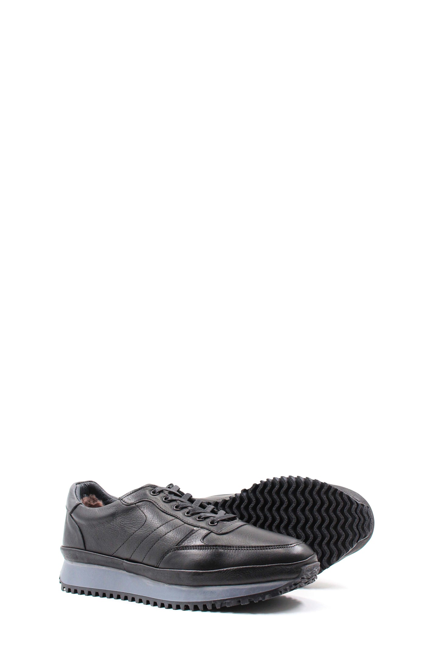 Men's Black Leather Sneakers with Fur Lining and Thick Sole