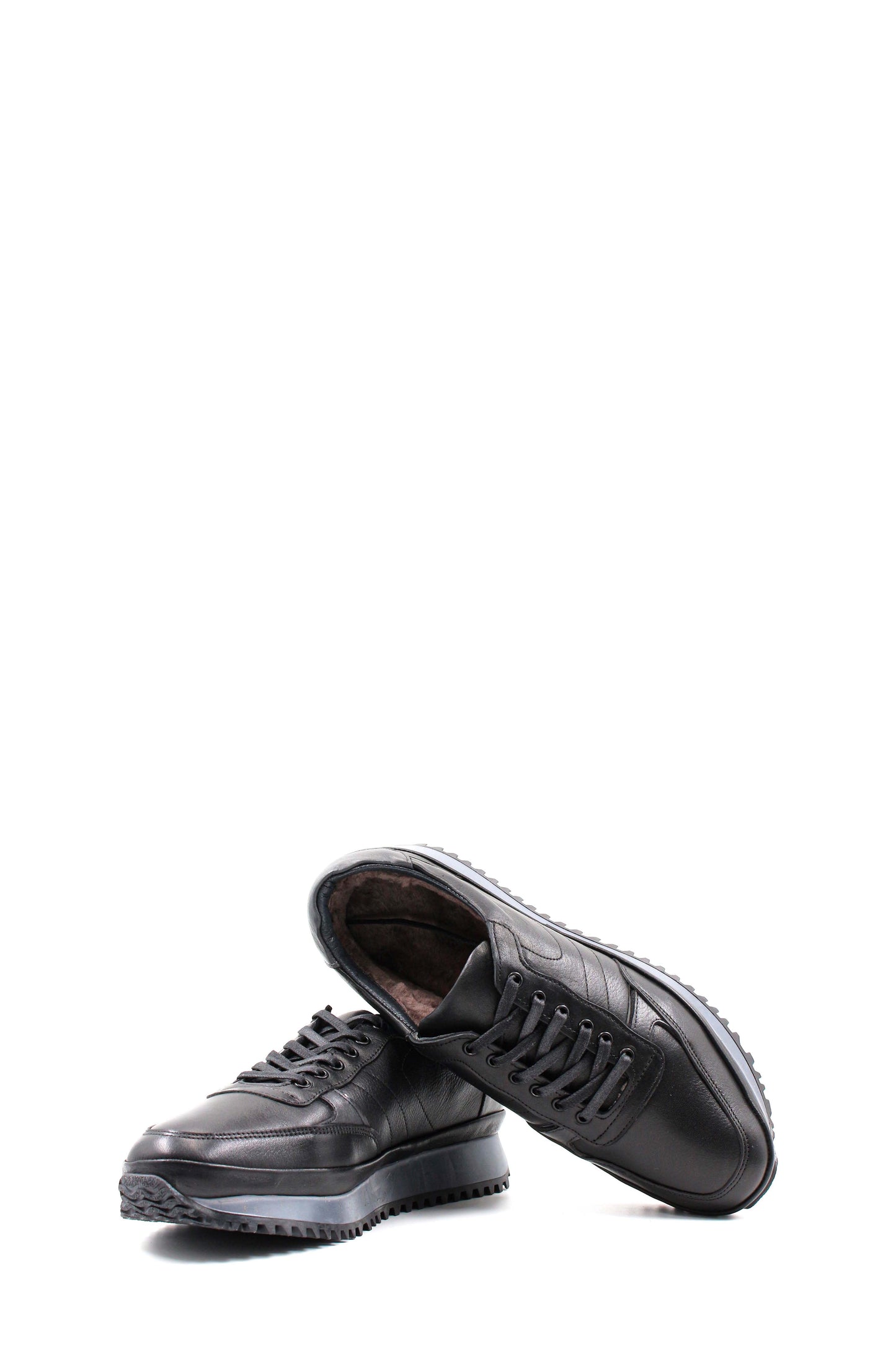 Men's Black Leather Sneakers with Fur Lining and Thick Sole