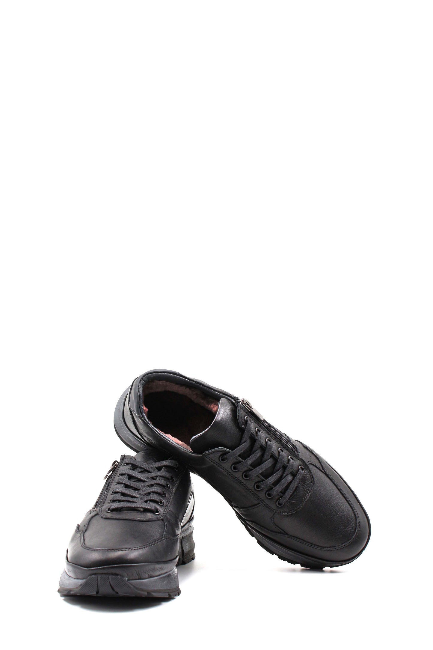 KOALA SYDNEY Men's Black Leather Sneakers with Side Zipper and Warm Fur Lining