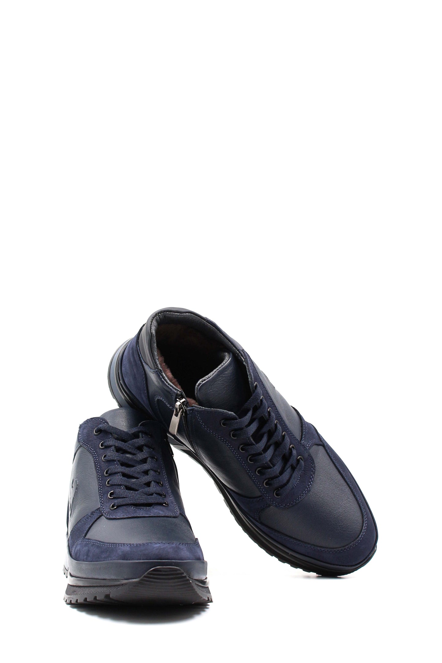 KOALA SYDNEY Men's Navy Blue Leather Sneakers with Side Zipper and Fur Lining