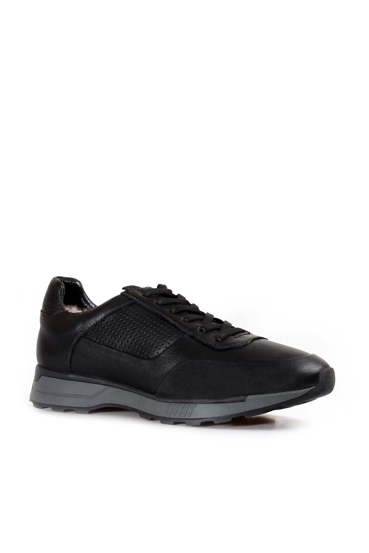 Men's Black Leather Casual Sneakers with Grey Sole and Fur Lining