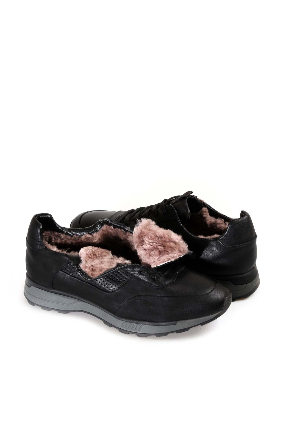 Men's Black Leather Casual Sneakers with Grey Sole and Fur Lining - Wessi