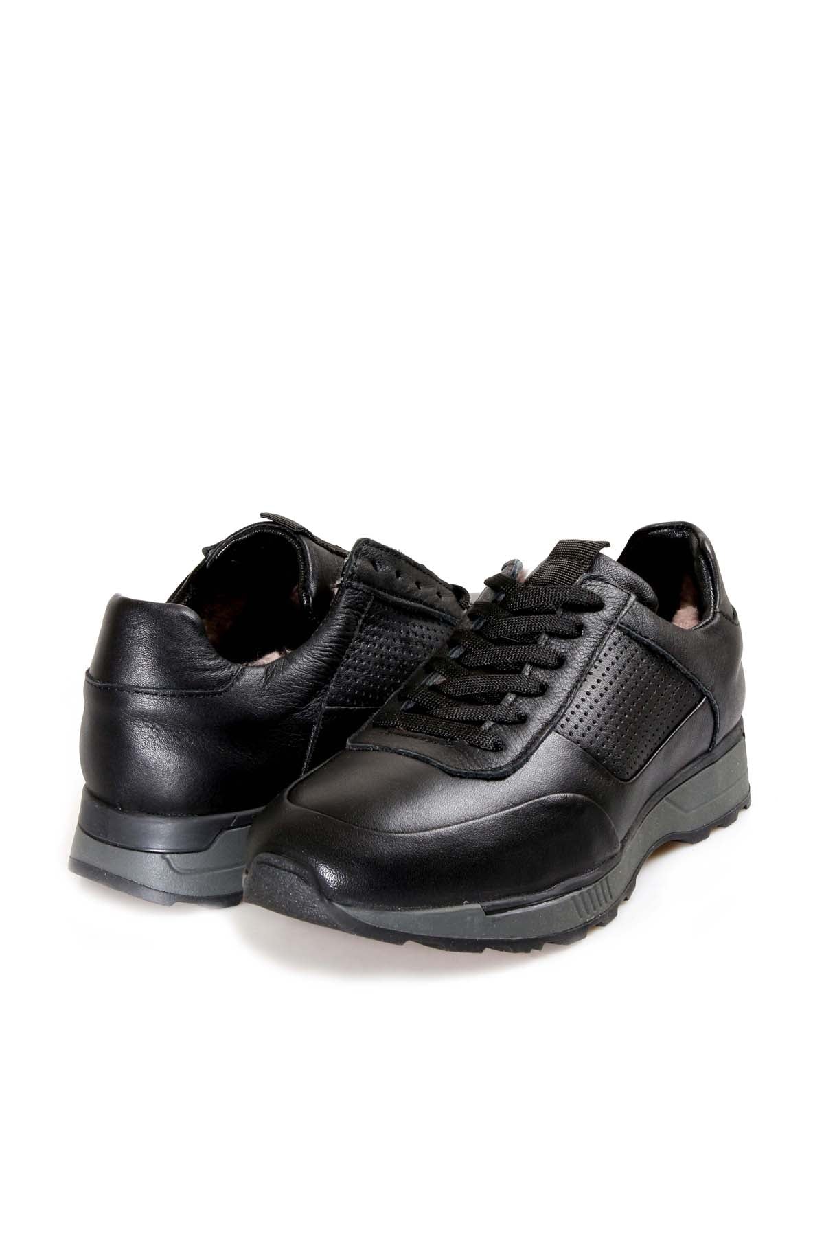 Men's Black Leather Casual Sneakers with Grey Sole and Fur Lining - Wessi
