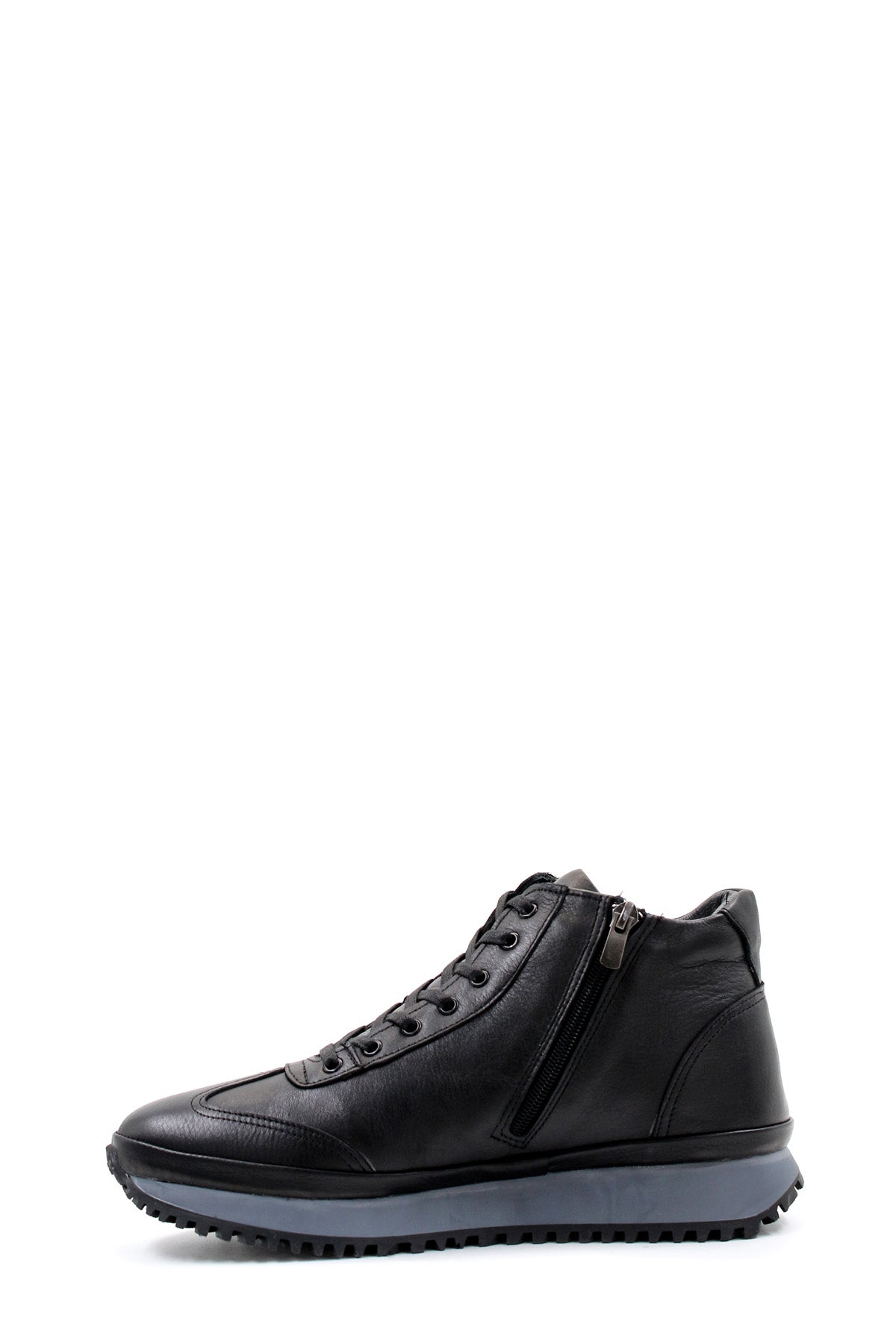 Men's Black Leather High-Top Sneakers with Ribbed Sole